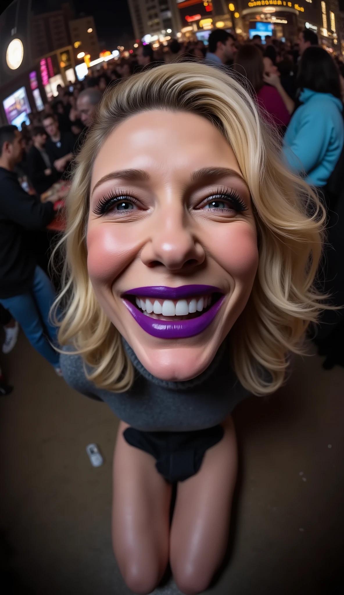 makeup, (Face-focus:2), (8mm Fisheye lens:3), fisheye curvature applied to her face eyes chin and lips, extreme wide-angle distortion, warped perspective, curved lines, 180° field of view, Cate Blanchett in a high angle face close-up, bright makeup, laughs with her teeth visible, plump and fleshy lips covered with deep purple lipstick, her head tilted back and her chin pushed forward, her protruding oversized chin that is exaggerated by fisheye lens dominates the frame, her face distorted by fisheye perspective, oversized chin and lips exaggerated by fisheye lens distortion, kneeling with her knees on the floor in a crowded  bar, looking directly at the viewer, long wavy flowing hair with a fringe and long extensions added for volume with the ends curled into luscious waves that cascade down her back, her eyes are smothered in smoky black eyeshadow with dramatic winged eyeliner, leaning on both her hands that are concealed between her toned thighs, outrageously long and voluminous lash extensions, long neck, peach blush on her cheeks, black mascara, night, bright artificial lighting, grey turtleneck sweater, short pleated skirt.

BREAK

masterpiece, best quality, high resolution, ultra-detailed, volumetric lighting, detailed hair, detailed eyes, detailed face within fisheye distortion, features distorted by extreme wide-angle perspective, exquisitely rendered, dramatic shading, subsurface scattering, score_9, score_8_up, score_7_up


