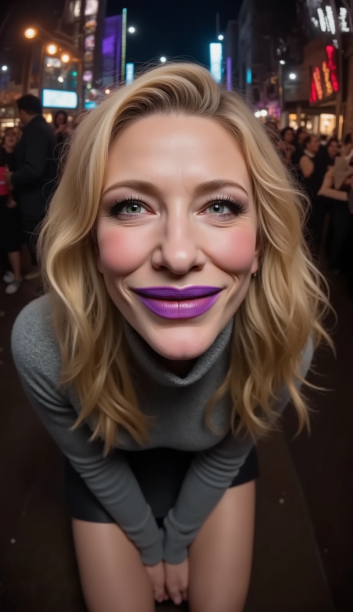 makeup, (Face-focus:2), (8mm Fisheye lens:2), fisheye curvature applied to her face eyes chin and lips, extreme wide-angle distortion, warped perspective, curved lines, 180° field of view, Cate Blanchett in a high angle face close-up, bright makeup, laughs with her teeth visible, plump and fleshy lips covered with deep purple lipstick, her head tilted back and her chin pushed forward, her protruding oversized chin that is exaggerated by fisheye lens dominates the frame, her face distorted by fisheye perspective, oversized chin and lips exaggerated by fisheye lens distortion, kneeling with her knees on the floor in a crowded bar, looking directly at the viewer, long wavy flowing hair with a fringe and long extensions added for volume with the ends curled into luscious waves that cascade down her back, her eyes are smothered in smoky black eyeshadow with dramatic winged eyeliner, leaning on both her hands that are concealed between her toned thighs, outrageously long and voluminous lash extensions, long neck, peach blush on her cheeks, black mascara, night, bright artificial lighting, grey turtleneck sweater, short pleated skirt.
BREAK
masterpiece, best quality, high resolution, ultra-detailed, volumetric lighting, detailed hair, detailed eyes, detailed face within fisheye distortion, features distorted by extreme wide-angle perspective, exquisitely rendered, dramatic shading, subsurface scattering, score_9, score_8_up, score_7_up