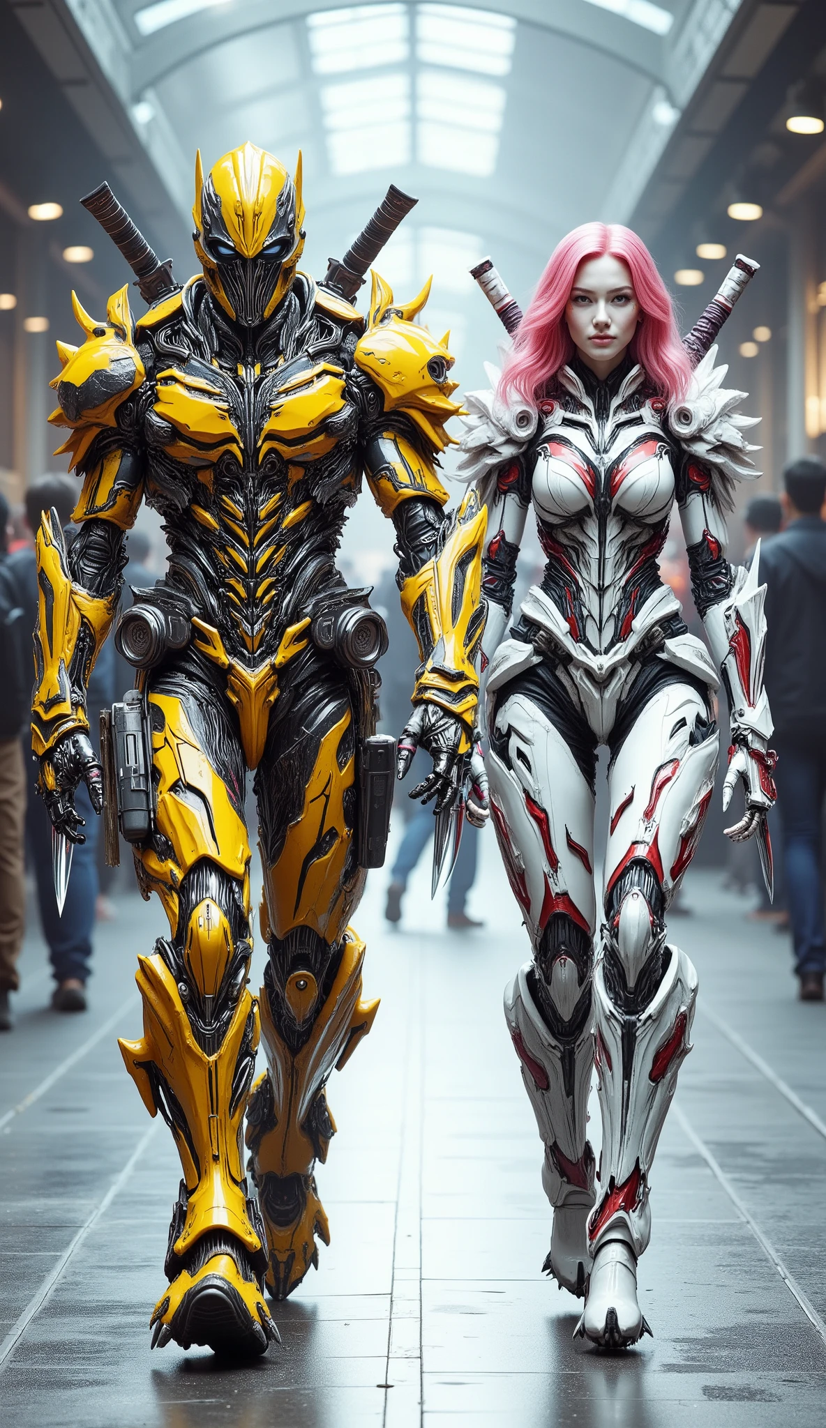character: 1 young man with mask full head wearing yellow Deadpool venom Transformers monster body suit futuristic white accents,  and 1 young woman pink hair Wearing futuristic white Deadpool venom Transformers monster body suit with red accents, white skin pale.
Accessories: each of them has two katana swords on their backs.
action: walk straight. Looking at the camera.

Expression : smiling.

 Background : In public spaces costume parties. They radiate happiness as they walking confidently in their  costumes. full body view.