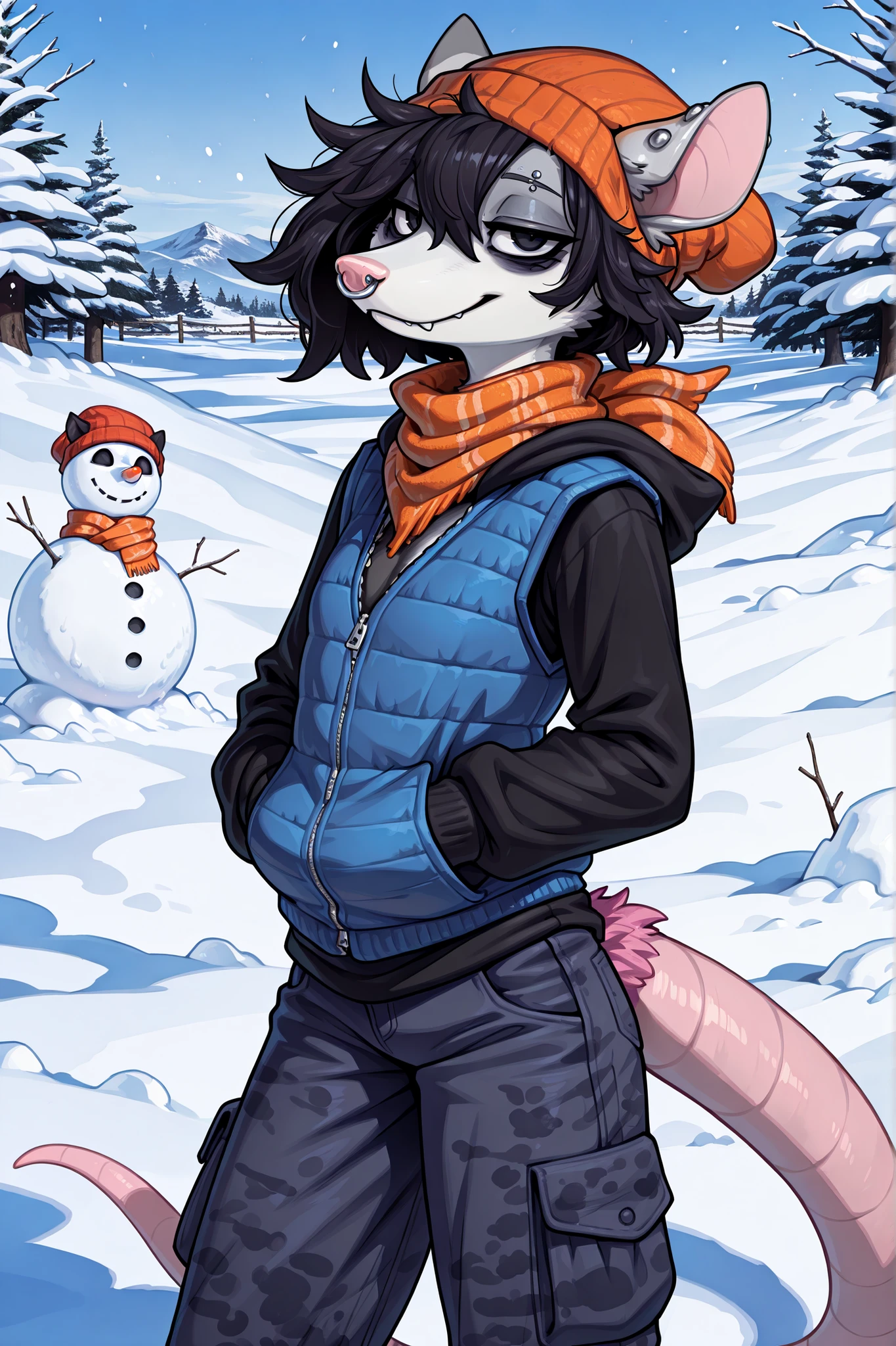 1girl, hunched a little, furry, grey fur, possum furry, anthro, fur tufts, fluffy, possum tail, fangs, opossum, possum ears, silver nose ring, silver earings, silver eyebrow piercing, punk style earrings, narrowed eyes, bags under eyes, (creep), black hoodie, hood down, blue vest, winter vest, orange scarf, knitted scarf, orange hat, beanie hat, cut in hat for ears, cowl scarf, small scarf, long sleeves, cargo pants, (blue camouflage pants), cunning smile, slender, skinny, small , black hair, messy hair, short hair, black eyes, standing, hands in pockets, outdoors, US suburbs background, small town background, (winter), snowfall, snowman at background, whtie fence at background, looking at viewer, best quality, calm, pink tail, uzipped vest,