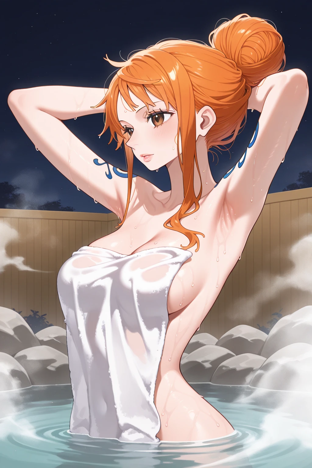 (masterpiece, best quality), ((1girl, solo, long hair)), Ishmael_limbus, innocence expression,  arms,  shoulders,  neck, watercolor, sundress, liquid clothes, water, waves, water dress, blue_theme, night, mist, dark, sharp focus, sea, see-through dress, orange hair, (:1.5)