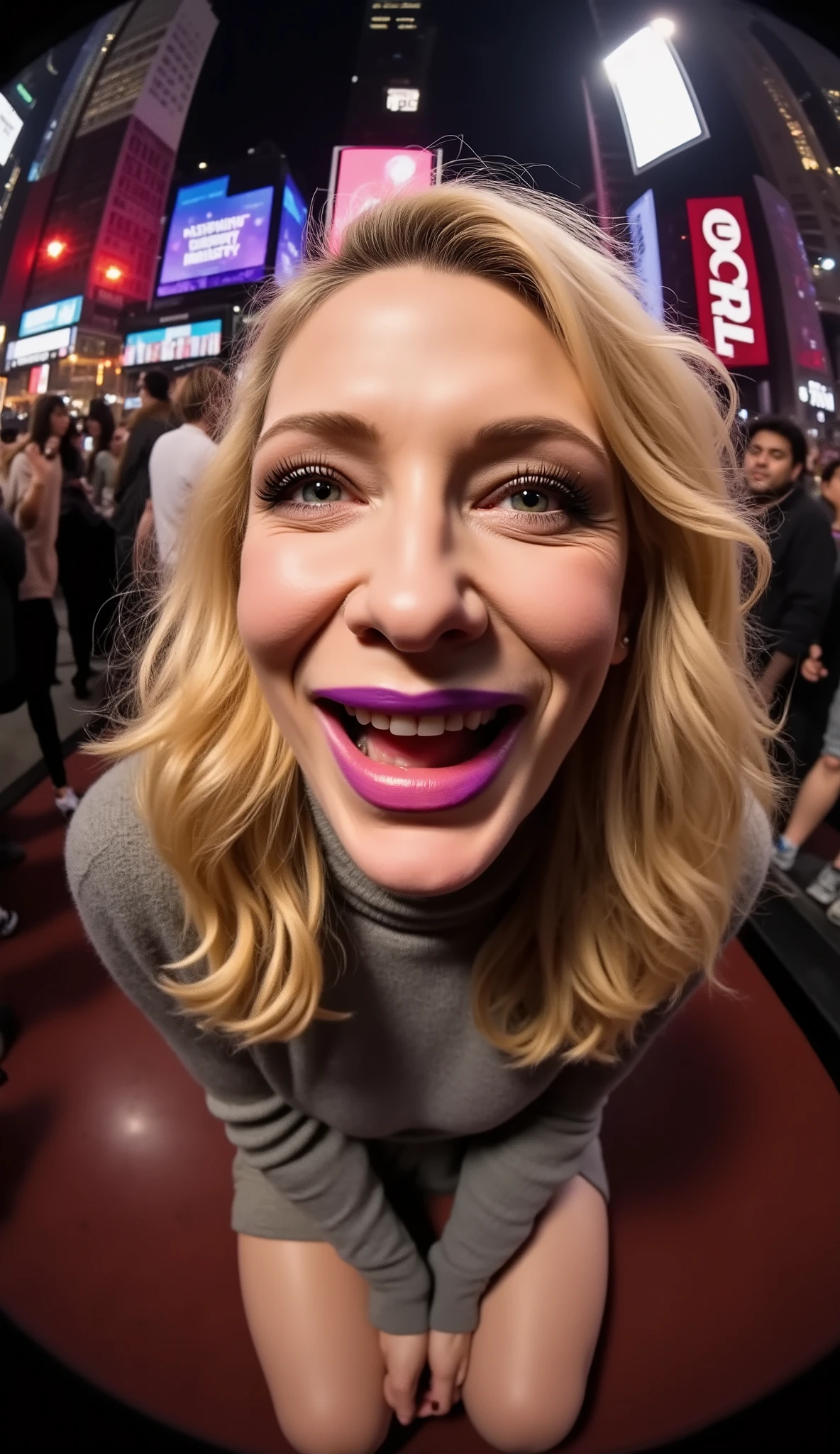 makeup, (Face-focus:2), (8mm Fisheye lens:2), fisheye curvature applied to her face eyes chin and lips, extreme wide-angle distortion, warped perspective, curved lines, 180° field of view, Cate Blanchett in a high angle face close-up, bright makeup, laughs with her teeth visible, plump and fleshy lips covered with deep purple lipstick, her head tilted back and her chin pushed forward, her protruding oversized chin that is exaggerated by fisheye lens dominates the frame, her face distorted by fisheye perspective, oversized chin and lips exaggerated by fisheye lens distortion, kneeling with her knees on the floor in a crowded bar, looking directly at the viewer, long wavy flowing hair with a fringe and long extensions added for volume with the ends curled into luscious waves that cascade down her back, her eyes are smothered in smoky black eyeshadow with dramatic winged eyeliner, leaning on both her hands that are concealed between her toned thighs, outrageously long and voluminous lash extensions, long neck, peach blush on her cheeks, black mascara, night, bright artificial lighting, grey turtleneck sweater, short pleated skirt.
BREAK
masterpiece, best quality, high resolution, ultra-detailed, volumetric lighting, detailed hair, detailed eyes, detailed face within fisheye distortion, features distorted by extreme wide-angle perspective, exquisitely rendered, dramatic shading, subsurface scattering, score_9, score_8_up, score_7_up