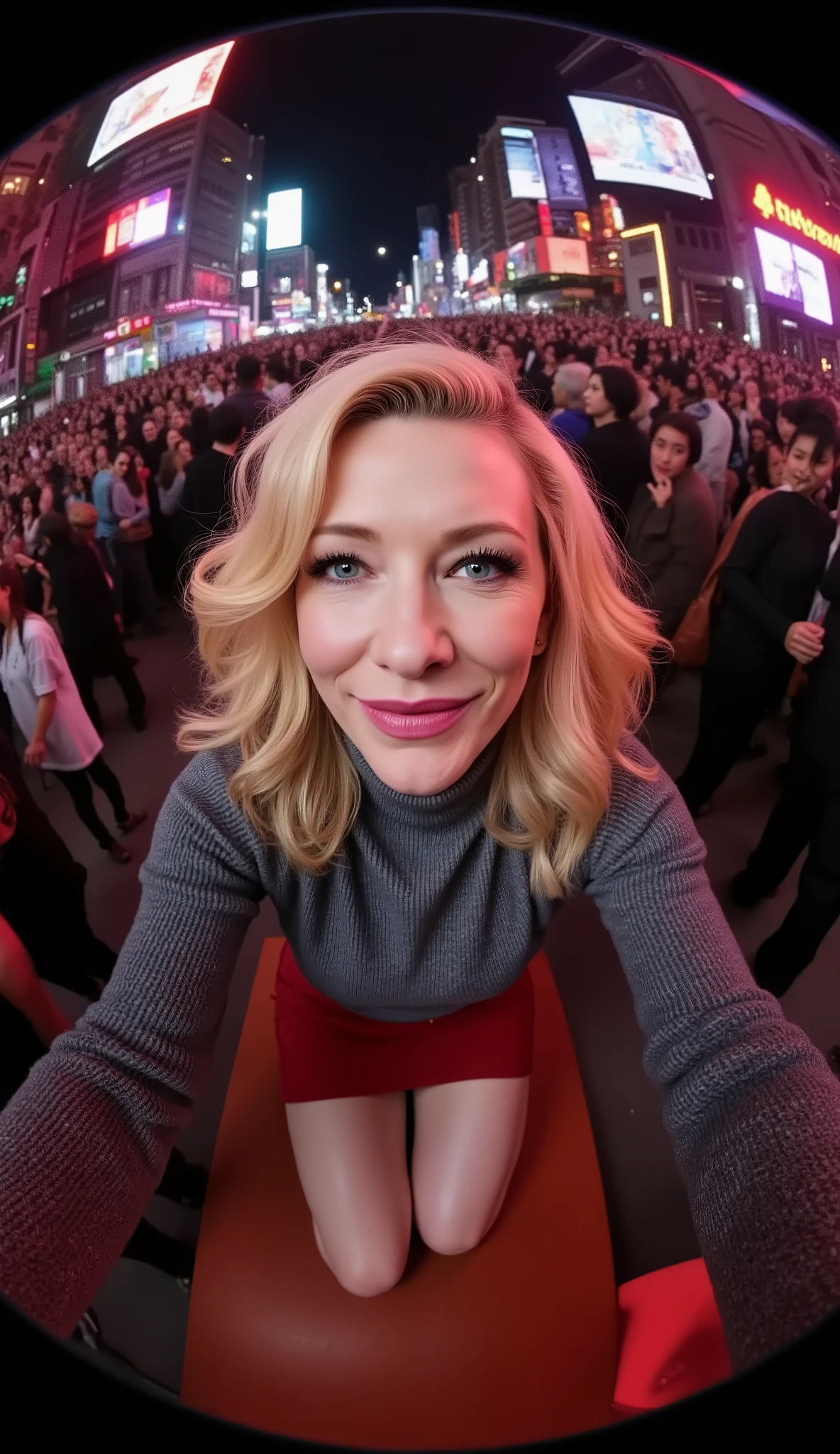 makeup, (Face-focus:2), (8mm Fisheye lens:2), fisheye curvature applied to her face eyes chin and lips, extreme wide-angle distortion, warped perspective, curved lines, 180° field of view, Cate Blanchett in a high angle face close-up, bright makeup, laughs with her teeth visible, plump and fleshy lips covered with deep purple lipstick, her head tilted back and her chin pushed forward, her protruding oversized chin that is exaggerated by fisheye lens dominates the frame, her face distorted by fisheye perspective, oversized chin and lips exaggerated by fisheye lens distortion, kneeling with her knees on the floor in a crowded sleazy bar, looking directly at the viewer, long wavy flowing hair with a fringe and long extensions added for volume with the ends curled into luscious waves that cascade down her back, her eyes are smothered in smoky black eyeshadow with dramatic winged eyeliner, leaning on both her hands that are concealed between her toned thighs, outrageously long and voluminous lash extensions, long neck, peach blush on her cheeks, black mascara, night, bright artificial lighting, grey turtleneck sweater, short pleated skirt.
BREAK
masterpiece, best quality, high resolution, ultra-detailed, volumetric lighting, detailed hair, detailed eyes, detailed face within fisheye distortion, features distorted by extreme wide-angle perspective, exquisitely rendered, dramatic shading, subsurface scattering, score_9, score_8_up, score_7_up