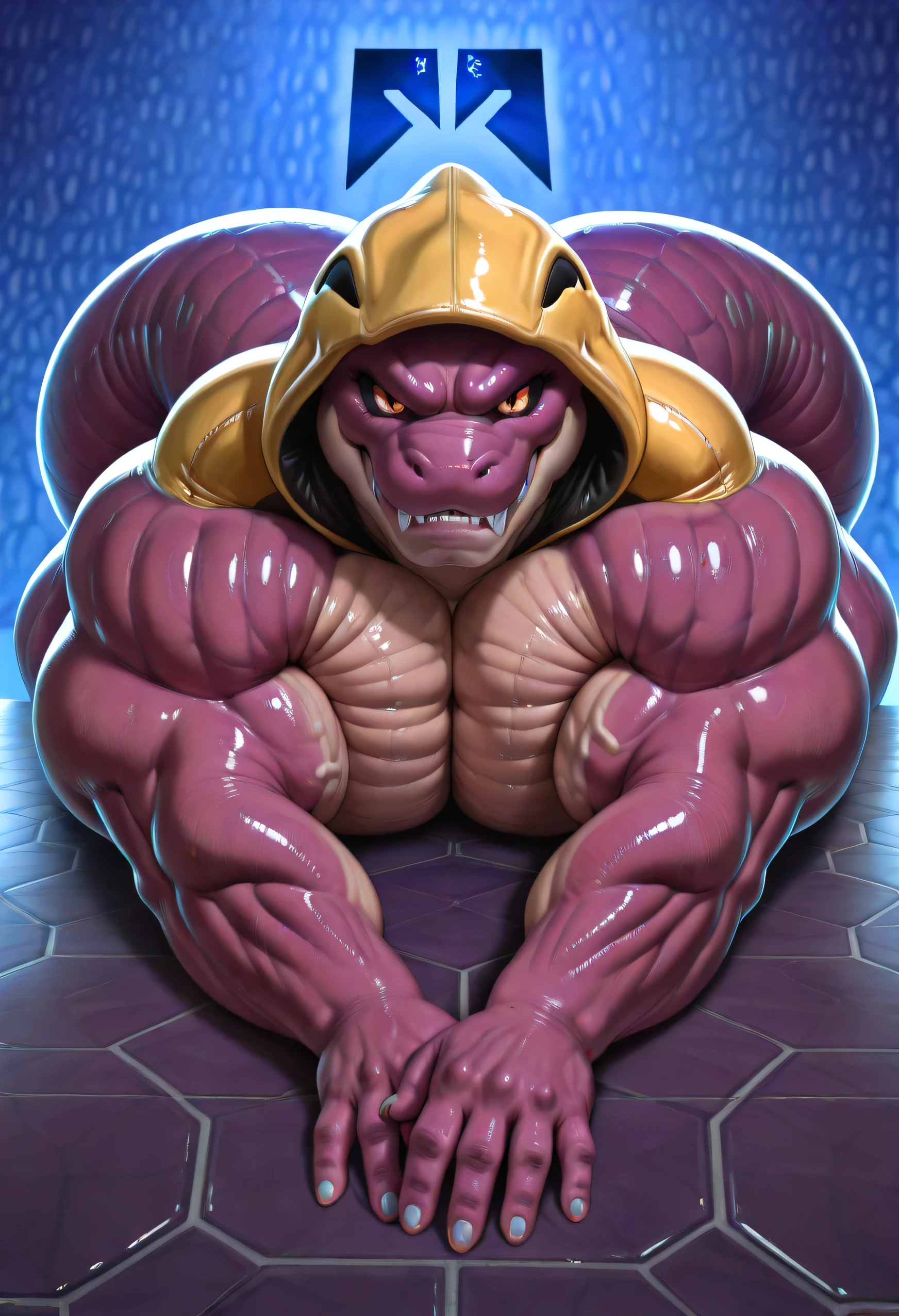Masterpiece, (photorealistic style), 4k, absurdres, full body photo, perfectly correct , realistic, very Awa, detailed background, natural lighting. furry, 1boy, (Arbok from Pokémon), Purple body, (glossy purple scales showing subtle texture variation:1.6): (ridged dorsal scales and smoother ventral scales:1.6), The (iconic cobra hood:1.6) (displays a menacing red-and-black 'angry face' pattern:1.6), (Detail Bright Orange Eyes:1.4), (Black Sclera:1.4), huge muscle, , simple background, solo, lying on stomach, front, hand on his own cheek, focus face, close up face, smirk
