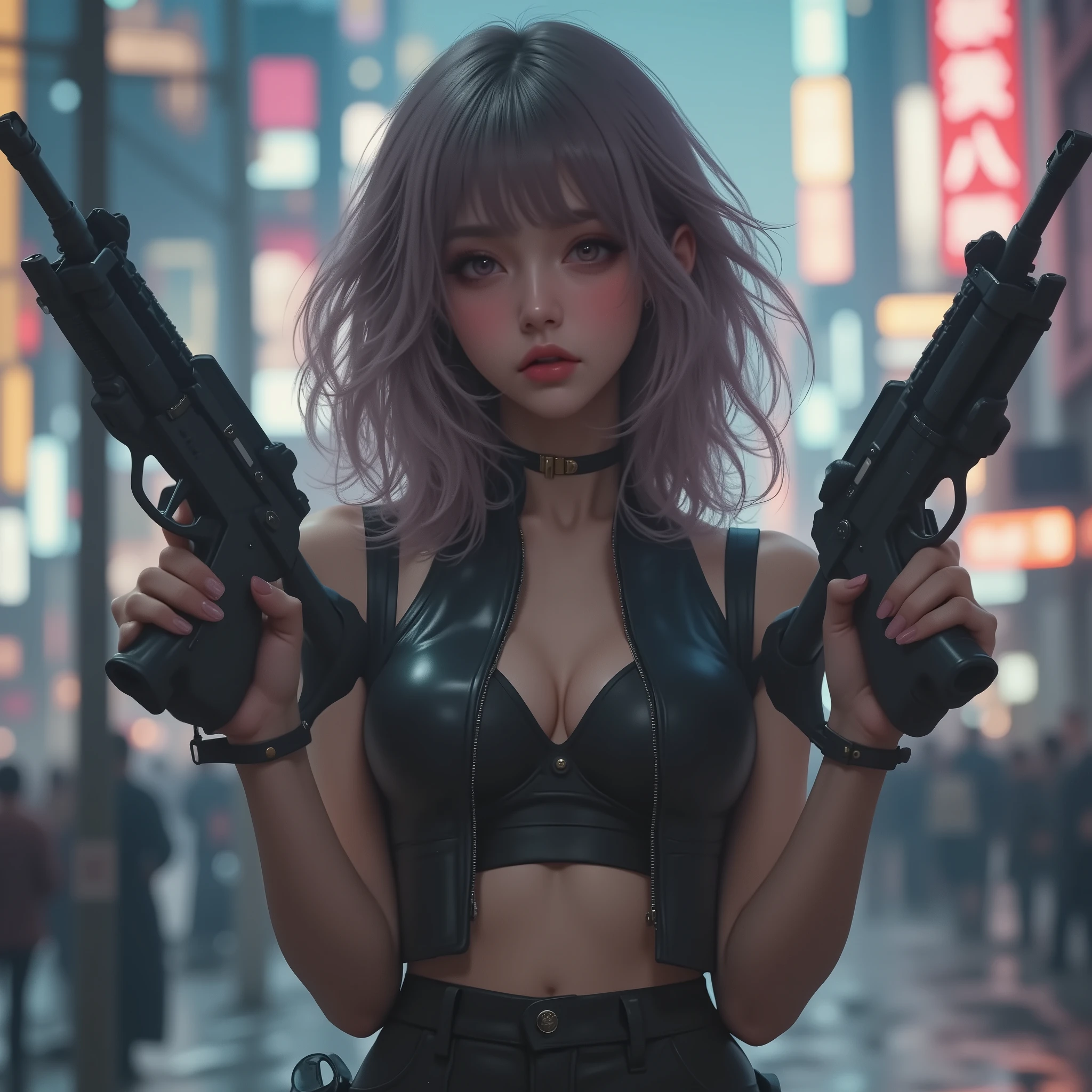 Photorealistic、realistic skin texture、tight cyberpunk fashion、Fluffy Shoulder-Length Hair、dim cyberpunk city、beautiful pink eyes、pink hair、Assault Rifles that can handle 2 at the same time