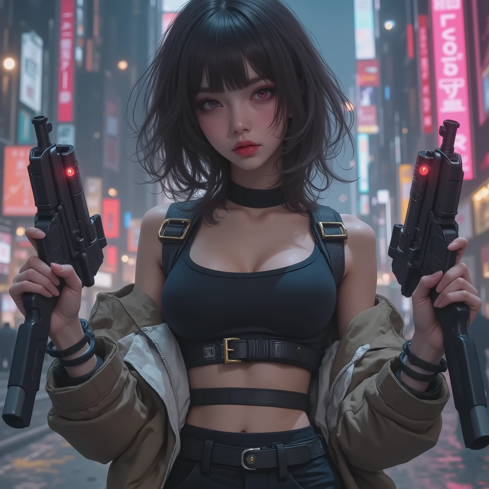 Photorealistic、realistic skin texture、tight cyberpunk fashion、Fluffy Shoulder-Length Hair、dim cyberpunk city、beautiful pink eyes、pink hair、Assault Rifles that can handle 2 at the same time