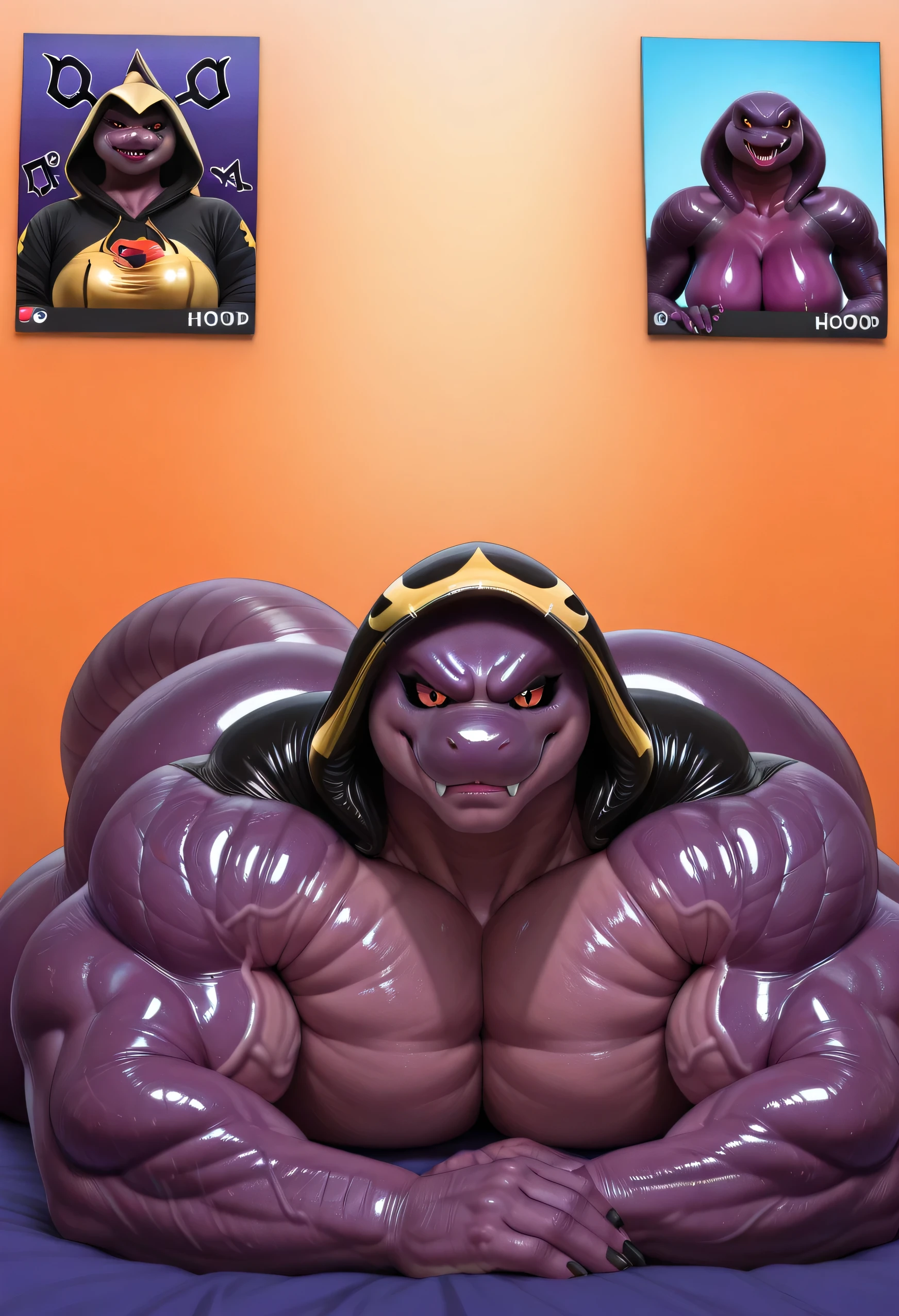 Masterpiece, (photorealistic style), 4k, absurdres, full body photo, perfectly correct , realistic, very Awa, detailed background, natural lighting. furry, 1boy, (Arbok from Pokémon), Purple body, (glossy purple scales showing subtle texture variation:1.6): (ridged dorsal scales) and (smoother ventral scales:1.6), The (iconic cobra hood:1.6), (taut neck muscles), (flared neck skin), (no fabric hood), (displays a menacing red-and-black 'angry face' pattern:1.6), (Detail Bright Orange Eyes:1.4), (Black Sclera:1.4), huge muscle, , simple background, solo, lying on stomach, front, hand on his own cheek, focus face, close up face, smirk