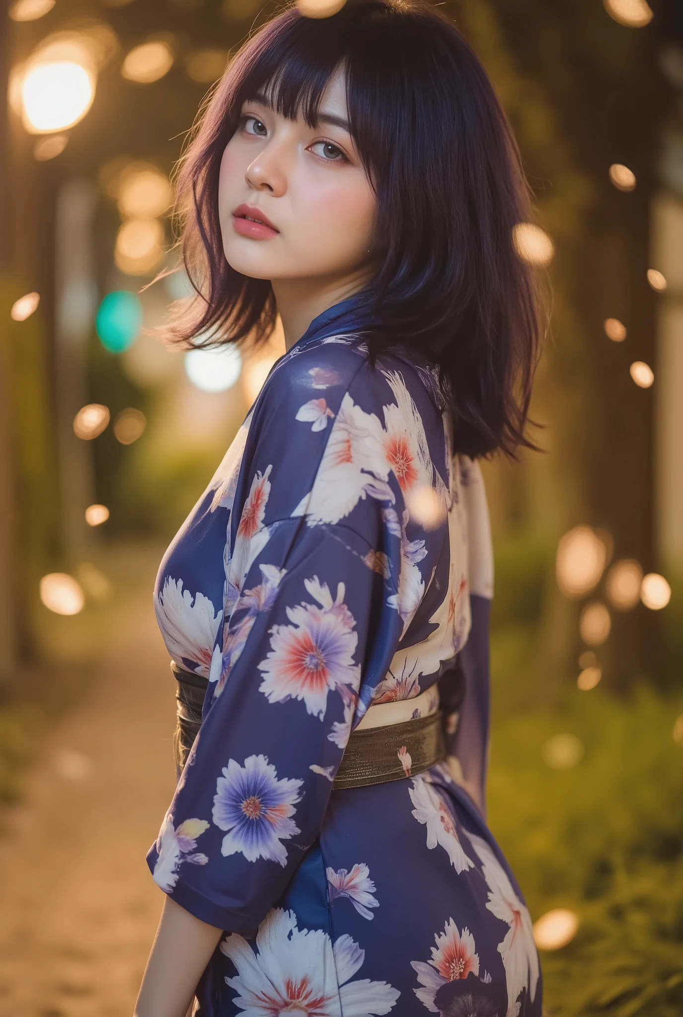 Beauty Fireflies Parade Of Night, Beauty Japanese Female Wearing Yukata, realistic Photos, hyūga Hinata, Dark Blue Hair, Pale Lavender Eyes, Red Lipstick, Sensual Lips, Huge Breasts.