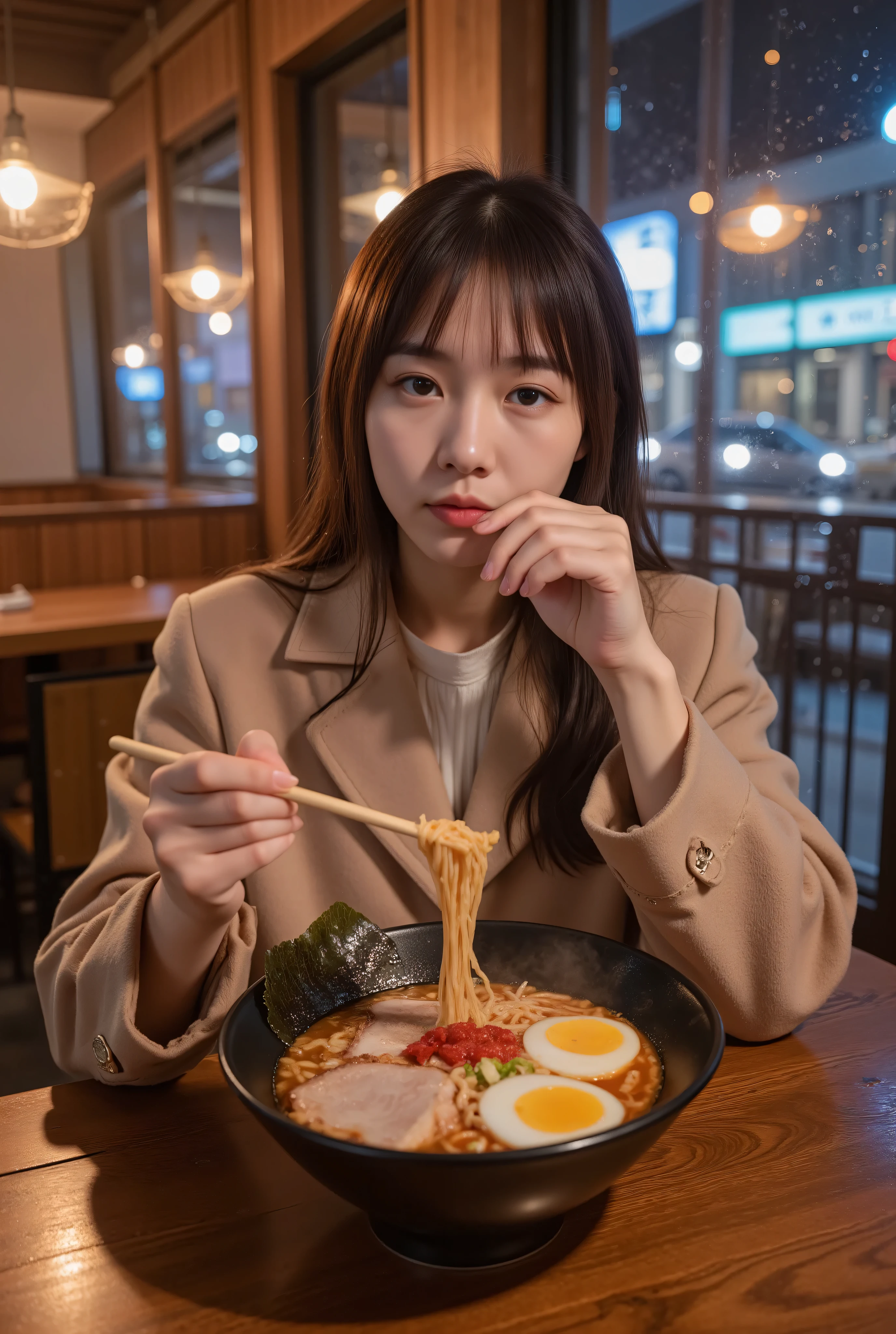 high-quality photograph, ultra-detailed, photorealistic, Asian Female Manager seated by a window table in a late-night ramen shop, wearing beige thick coat, long hair slightly messy from the rain outside, soft neon lights creating a cinematic atmosphere, large steaming bowl of tonkotsu ramen with chashu pork and soft-boiled egg, chopsticks in her hand mid-bite, rain droplets on the window creating bokeh effect with street lights outside, intimate setting with wooden furniture and traditional Japanese decor, warm ambient lighting, film-like color grading, shallow depth of field