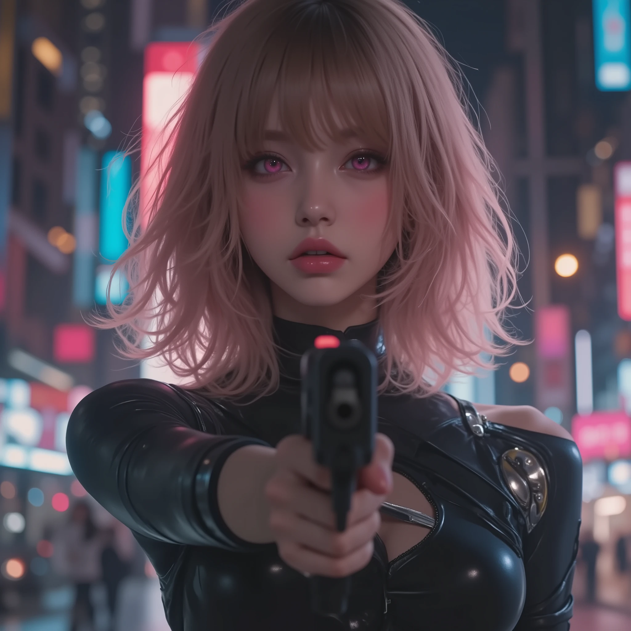 Photorealistic、realistic skin texture、tight cyberpunk fashion、Fluffy Shoulder-Length Hair、dim cyberpunk city、beautiful pink eyes、pink hair、point your gun at the camera