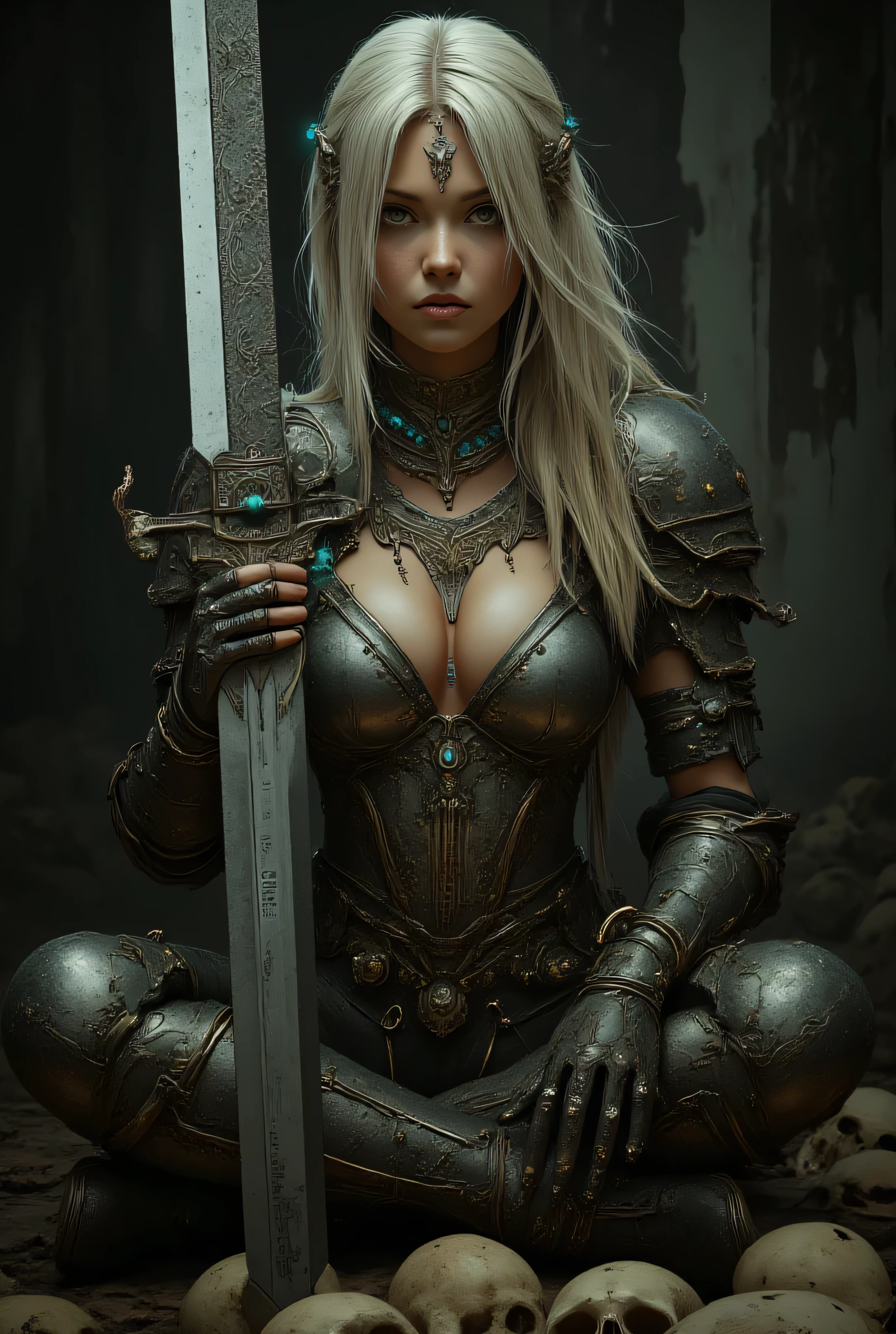 (((capolavoro))), (((very high quality))), (migliori dettagli), 8k, ultra-dettagliato, fotorealistico, cinematico, dramatic lighting, (luce volumetrica), Exceptional texturing, depth of field, Perfect metallic highlights, stile di Luis Royo, Frank Frazetta style.
Donna guerriera, (Long, straight platinum blonde hair), Cross-legged pose, (espressione intensa:1.2), (viso perfetto), Revealing fantasy armor, Metallic bodice and collar, (Intricately engraved gauntlets:1.3), tessuto fluente, Turquoise-colored jewelry, Dark armbands, (Large, ornate sword:1.4), Details engraved on the blade, Intricate hilt.
(ambiente scuro:1.3), sfondo mistico, Bright arcane symbol, (Human skulls scattered around:1.2), Intense, battle-ready atmosphere, High contrast between the light metals and the darkness.