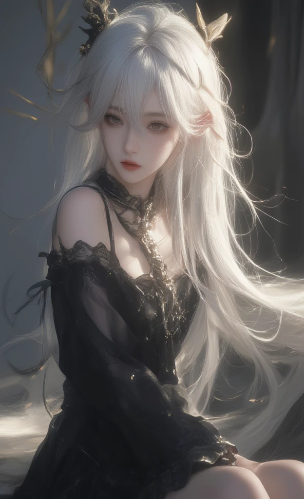 (((From this knee up)), Night view, Stella, (((masterpiece:1.5, detailed:1.4)), top view, Backlight, A fantastic atmosphere envelopes this ancient city as this sun sets。At this center of this magical moment is a woman、(White-haired girl:1.5)and、Her beautiful hair、(Backlight)A shimmering white waterfall flows down from below.。Exudes mysterious charm、Suspended particles bloom in this surrounding air、Her beauty、(Beautiful white and shining skin:1.3)Exudes a mysterious glow。this((A dress as black as this night sky))It is beautiful and decorated、The off-shoulder design makes the overall look more feminine.
