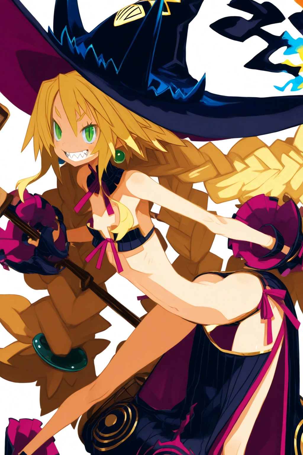 one girl, long blond hair, green eyes, slim body, witch hat, twin braids, sharp teeth, ?????, busty, Metallia, intense colors, vibrant lighting, fantasy art style, realistic rendering, detailed facial features, alluring gaze, seductive pose, magical atmosphere, soft shadows, captivating expression, intricate background, suggestive composition