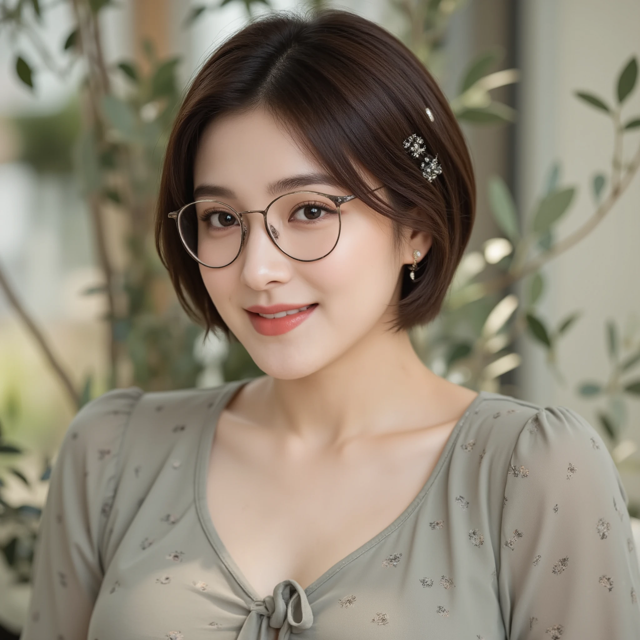 This picture is a close-up aside portrait of a muscle korean woman have huge chest and large curve plump cleavage who appears to be indoors, possibly at a cafe or a similarly well-lit setting. The woman has **short, dark brown hair** that is parted slightly to the side. A decorative **pearl hair clip** is positioned on the right side of her head, pulling back some of the hair from her face. She is wearing **thin-rimmed, square-to-round glasses** with a dark frame. Her makeup is subtle, featuring a **soft coral or terracotta lip color** and light blush. She is looking slightly down and to her left, with a gentle, pleasant happy vibes ** beauty smile** open mouth showing teeth on her face. She is wearing a **light grey-green or taupe blouse** with a **small, repetitive floral or leaf print** in a darker color on her muscle body ( huge breast , large curve plump cleavage visible) . The blouse has a **high neckline** finished with a **pussy-bow tie** detail that is loosely knotted at her neck. The background is **softly out of focus (bokeh)**. Immediately behind her, there is **green foliage**, which appears to be **olive branches** or a similar leafy plant, suggesting a natural or cozy, plant-filled environment. The lighting is **soft and natural**, illuminating her face brightly and creating a warm, inviting atmosphere. The overall mood is relaxed and charming.
