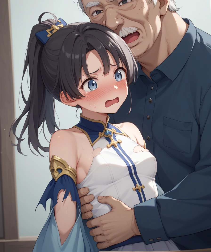 (Browsing Caution:1.4)、(masterpiece, Highest quality), Intricate details,(buzzer、Fantasy worldview、Castle、Burning Castle)、(Blue and white armor、tights、Broken sword)、(Black Hair)、 One Woman、(Clothes get torn)、(20-year-old female), Goblins, surrounded by Goblins, Scared, Think carefully, Torn clothes, Blood,(Three Men)、Goblins grab the waist、Goblins grab chests、Goblins hug、Goblins grab your arm、Goblins grab the leg、Sex with Goblins、M-shaped foot、(cry、Goblins dick goes between your legs)、With sword、Holding a stick、Fight、Tying your hands、Tie your with rope、Prisoner、Imprisonment、(Excessive 、Cum on body:1.2、cum in pussy)、(Browsing Caution),(Two men and one woman,Have sex)、(excessive cum、cum on body:1.2、cum in puss)、Put your hands on the ground、Goblins grab you 、Goblins grab 、(Male Goblins forcefully capture female warriors and insert their into them:1.2)