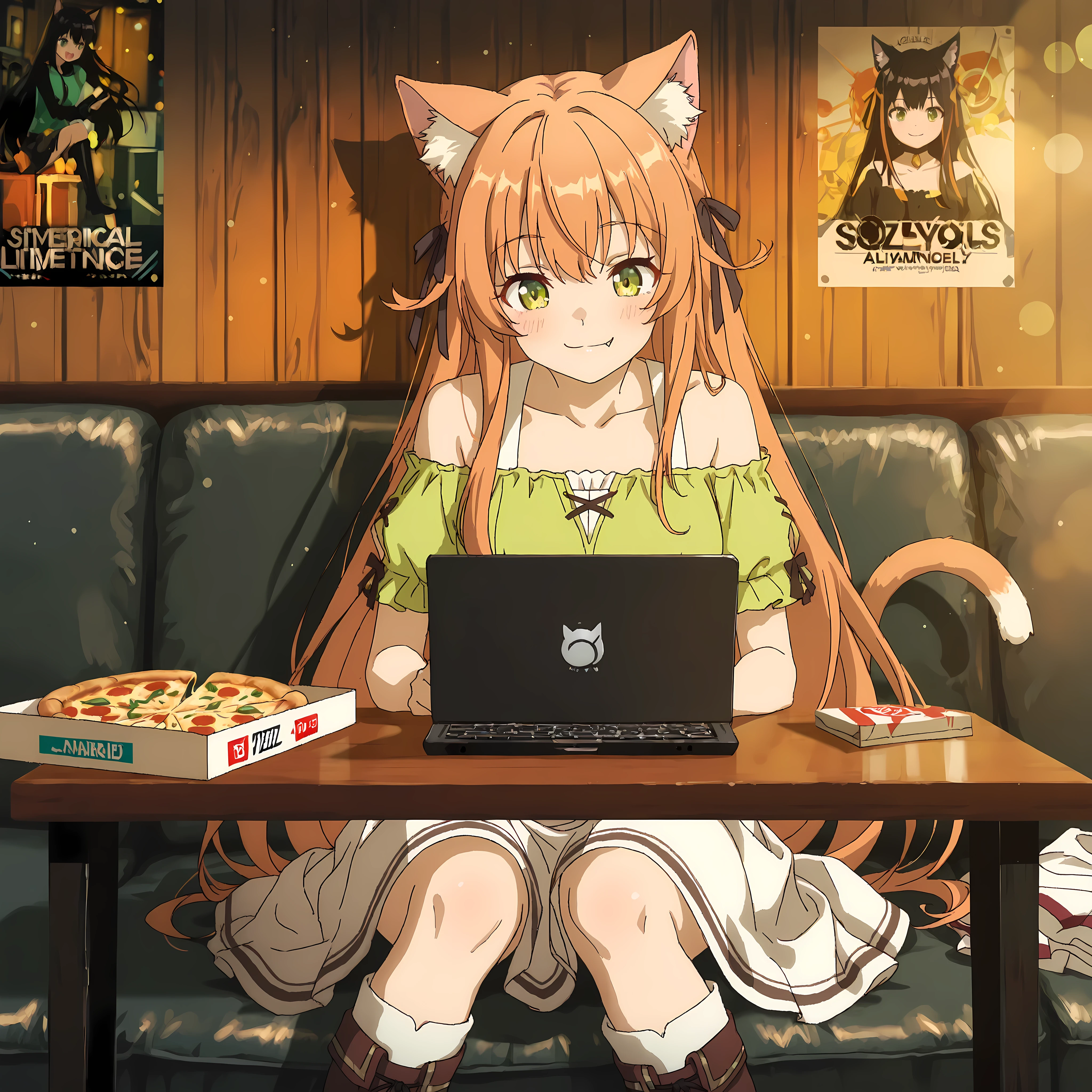 masterpiece, best quality, very aesthetic, absurdres, kanade-default, green eyes, orange hair, long hair, animal ears, hair ribbon, fang, a cat tail, green shirt, off-shoulder shirt, short sleeves, white skirt, knee boots, sitting on messy sofa, dim evening light, posters on wall, open pizza box on table, scattered clothes, laptop with music playing, rebellious expression, playful smile, cozy apartment atmosphere, urban style, detailed lighting, cinematic composition, anime style, warm tone, slight grain, depth of field, bokeh background, soft shadows, natural pose, expressive eyes, detailed background, emotional mood, casual chaos, girl living free.