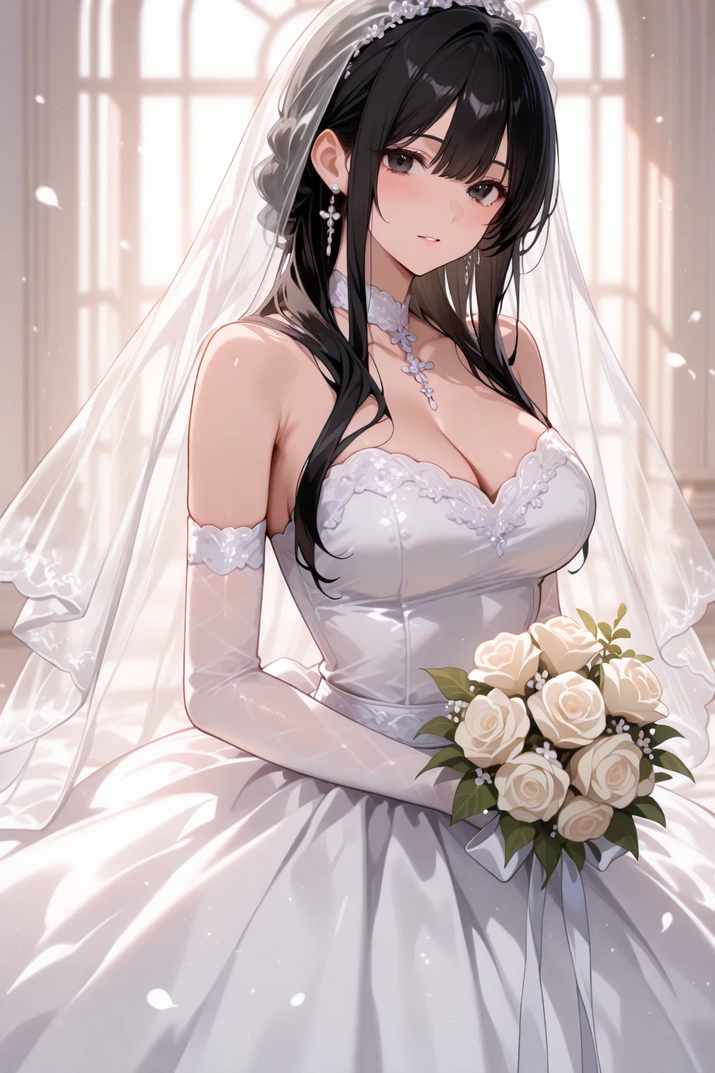 score_9, score_8_up, score_7_up, score_6_up, score_5_up, score_4_up, uncensored, yukinoshita yukino, absurdly long hair, grey eyes, black hair, very long hair,  face, blush face, lips, naughty face, shiny skin, sweating, steaming body, heavy breathing, (small :1.3), detailed body, detailed eyes, BREAK (masterpiece:1.2), best quality, high resolution, unity 8k wallpaper, (illustration:0.8), (detailed eyes:1.6), extremely detailed face, perfect lighting, extremely detailed CG, (perfect hands, perfect ), bouquet, 1girl, dress, flower, wedding_dress, solo, veil, cleavage, jewelry, gloves, bridal_veil, elbow_gloves, holding_bouquet, white_flower, smile, necklace, bride, rose, white_rose, earrings, looking_at_viewer, holding, white_gloves, choker