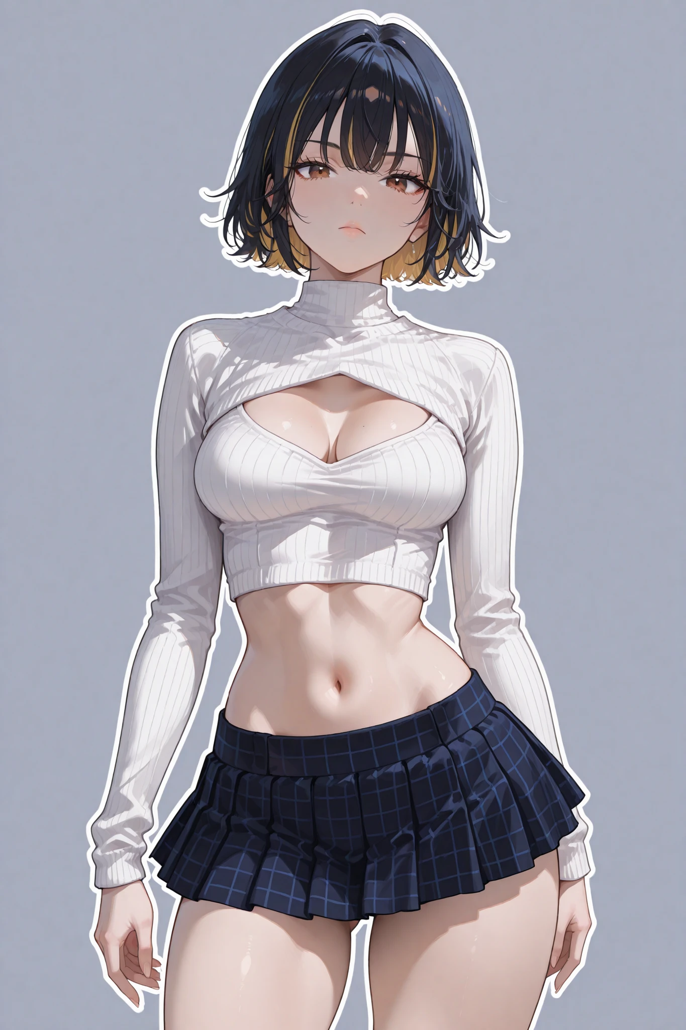 (masterpiece), best quality, expressive eyes, perfect face,1 girl, young woman, short hairs, gold eyes, looking at viewer, cowboy shot, seductive pose, serious, medium breasts, ((white shirt, cropped sweater, dark blue micro mini skirt, pleated, checkered)), (( brown eyes, black hairs with highlights, front view, visible butt)), (plain background), semi realistic, Balletcore, white outline, standing
