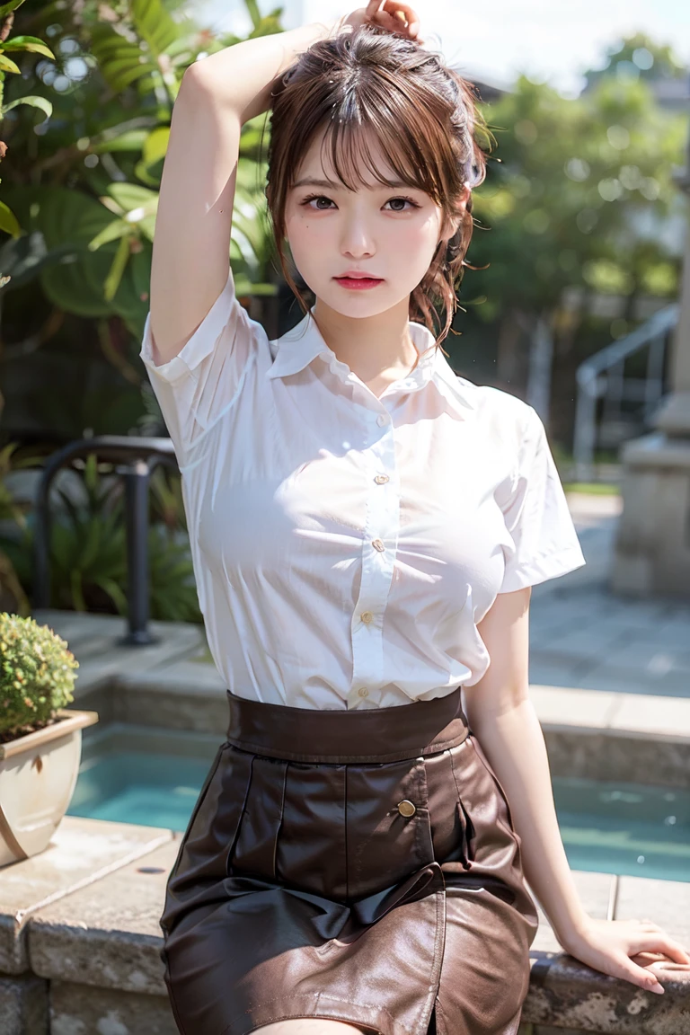 a woman poses for a photo, shy smile, happy, long hair, straight hair, thin skin, beautiful hands, beautiful fingers, pleated skirt, hips, absolute area, golf courses, During the day, hot summer day, school, schoolyard, sitting on a bench, daylight, detailed face:1.2, sharp focus, Hasselblad Photography, masterpiece, light makeup, Cinematic lighting, 4K, top quality, Sharpness, whole body, Canned juice, Legs up, (sheer :1.6), legs spread