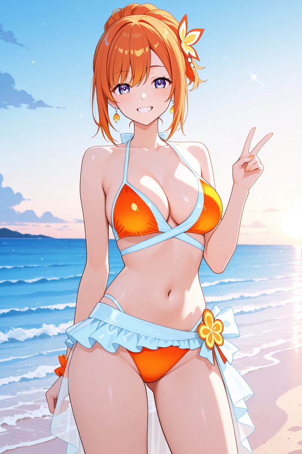 Masterpiece, best quality,Kousaka honoka, pouringontoself, pouring, pouring onto self, milk, bottle, milk bottle,holding, upper body,holding bottle,cowboy shot, blue eyes, orange hair, sexy micro bikini, striped bikini, bracelet, sexy,curvy body, Blush,hair ornament, detailed hair strands