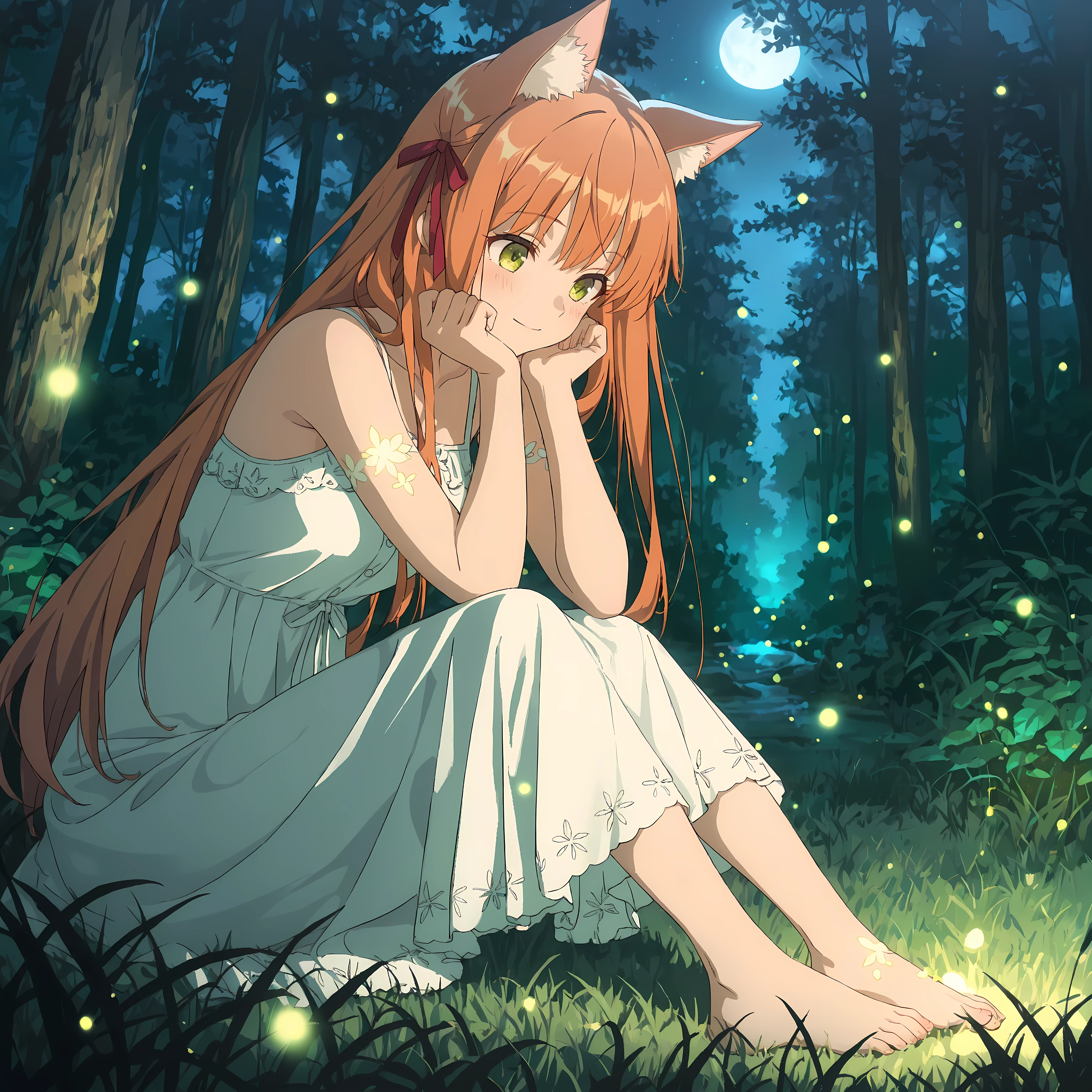 masterpiece, best quality, very aesthetic, absurdres, anime style, night scene, summer night, glowing fireflies, soft breeze, lush forest, warm light, bokeh background, kanade-default, green eyes, orange hair, long hair, animal ears, hair ribbon, gentle smile, white dress, barefoot on grass, soft lighting, subtle glow on skin, dreamy expression, calm and romantic mood, delicate details, natural posing, serene atmosphere, moonlight filtering through trees, fireflies floating around, cinematic composition, emotional tone, beautiful night harmony, tranquil and tender feeling.