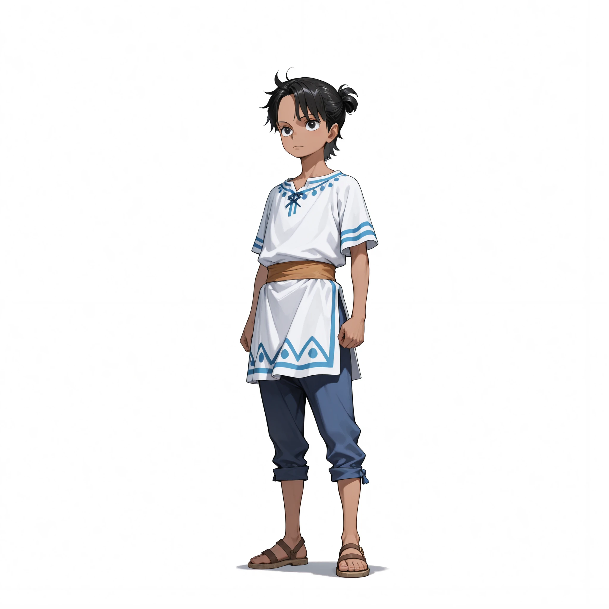 (male), (child boy), Slim body, (mullet hairstyle, black hair, dark skin), (black eyes), (giant body), (giant character), (solo), (single character), (full body version), (white background), (no background), (highly detailed), (shadow), (standing pose), (natural light), (detailed outfit), (detailed hand), (detailed face), (detailed hair)
Wearing noble casual medieval attire, blue and white tunic, white trousers, sandals, (One piece style art)
