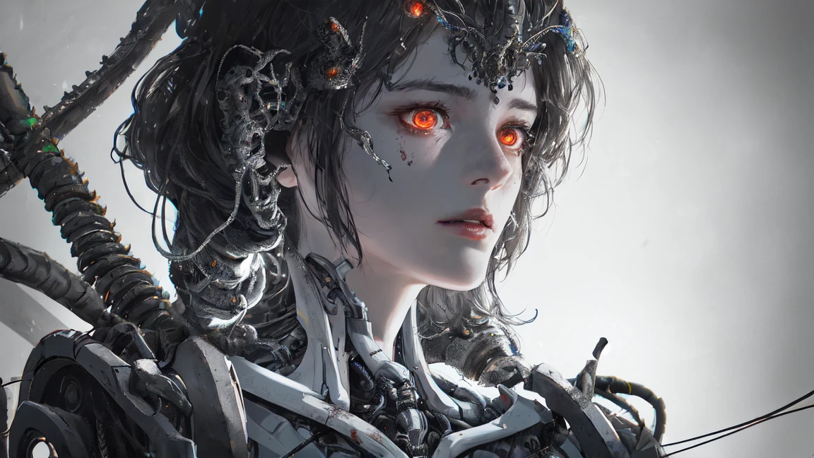a beautiful woman with flawless skin, sitting on the giant head of a robot, smoking a cigarette, highly detailed face, mesmerizing eyes, elegant lips, long eyelashes, intricate futuristic cyberpunk robot, ornate mechanical details, complex gears and machinery, dramatic lighting, cinematic composition, photorealistic, award-winning digital art, vibrant neon colors, dark moody atmosphere, dynamic pose, ambient smoke effects