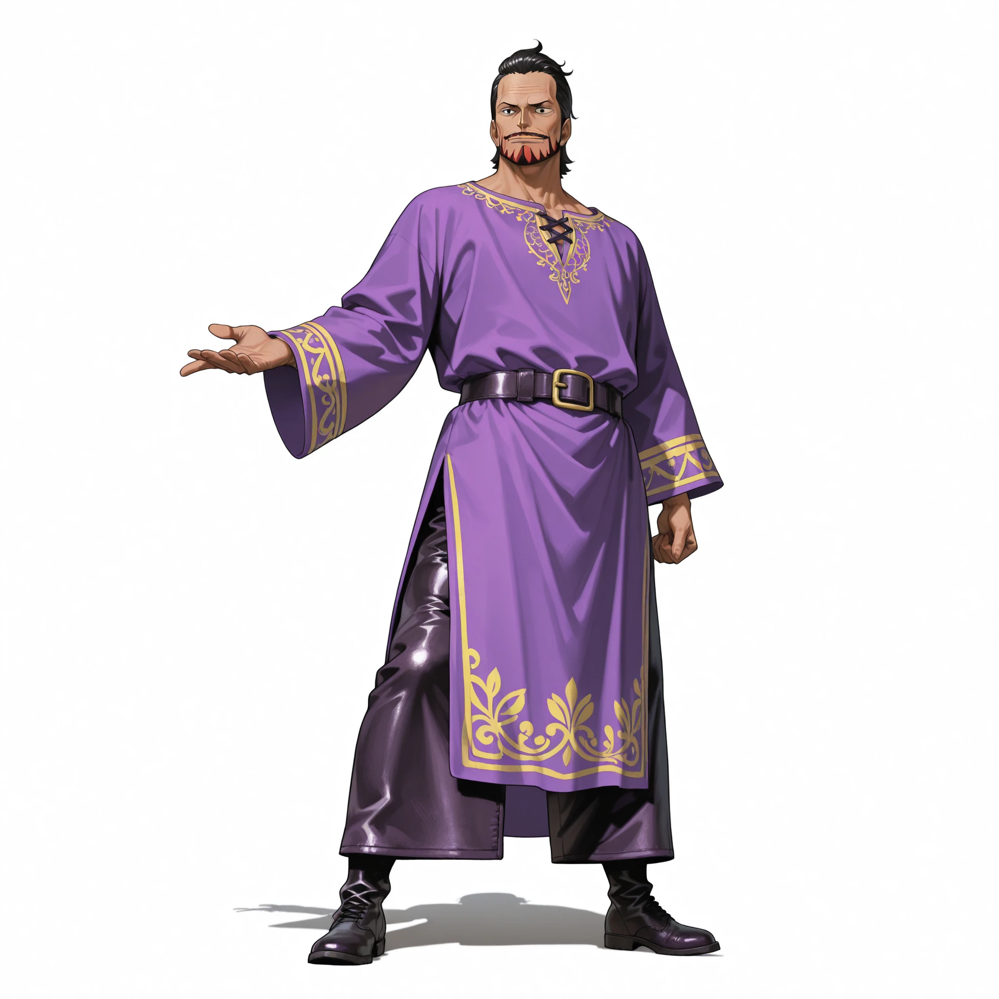 (male), (old man), slim body), (mullet hair, black hair, dark skin), (red beard), (black eyes), (giant body), (giant character), (solo), (single character), (full body version), (white background), (no background), (highly detailed), (((shadow))), (standing pose), (natural light), (detailed outfit), (detailed hand), (detailed face), (detailed hair)
Wearing noble formal medieval attire, purple luxurious robe with ornate embroidery, fine tunic, fitted trousers, and polished leather boots, (One piece style art)