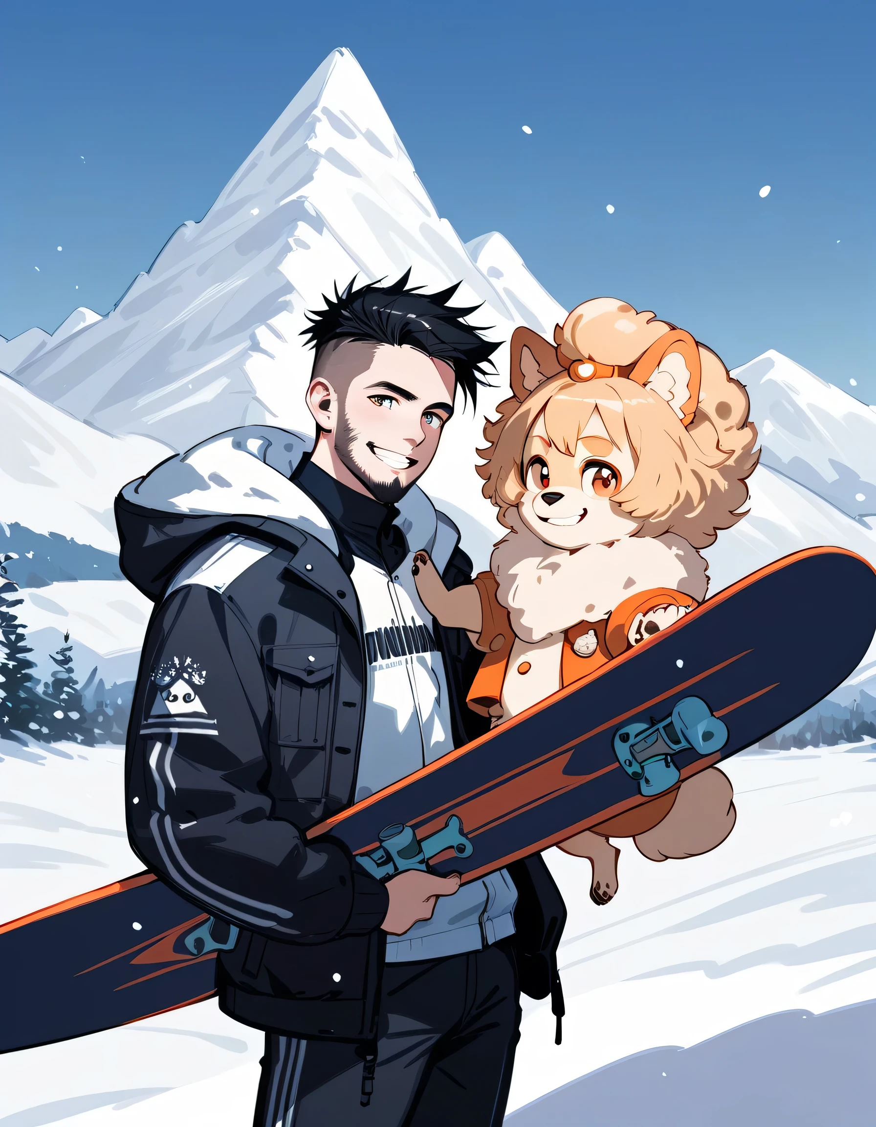 (((((with Pomeranian(dog)))))),(standing holding snowboard),portrait,snowboarder's suits and winter pants,(middle-man),40years old,(The face of an old man with dignity),man's eyes,man's nose,grin,(black short spiked hair),forehead,sidecut,undercut,beard,(manga style,sketch),snow mountain,ski resort, slalom, 