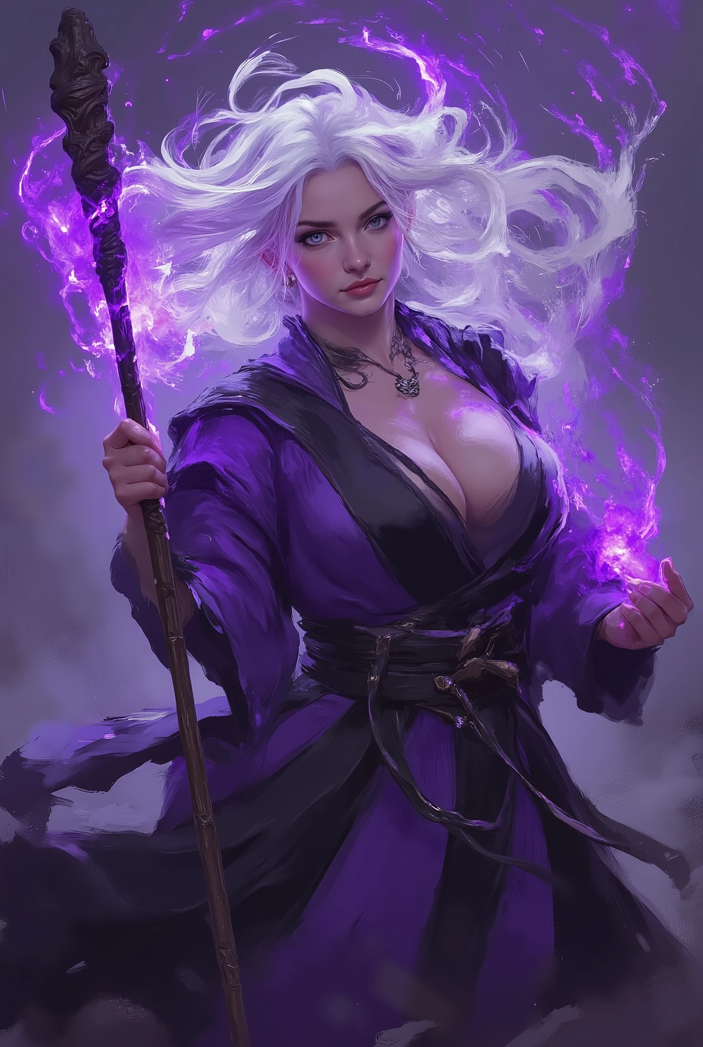 a highly detailed and realistic digital painting of a voluptuous silver-haired sorceress with a large bust, wearing a purple and black robe, wielding a magical staff, with intricate shadowy powers emanating from her, set against a surreal, photorealistic fantasy landscape, masterfully rendered with cinematic lighting, 8K resolution, photon mapping, radiosity, physically-based rendering, and hyperrealistic details, spread too short please skirt in wind, full frontal,
