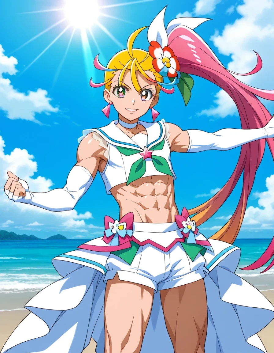 score 9 , score 8 up, score 7 up, source anime, masterpiece, Best quality, Best resolution, anime coloring, anime screencap, anime screenshot, official style, official art, 1boy, cure summer is a boy warrior, Boy wearing a long wig with white crop top dress, solo, long blonde haired anime boy, pink hair, side ponytail hair, multicolored hair, two tone hair, streaked hair, gradient hair, blonde and pink hair, eyelashes, eyebrows, hair flip, 美しい天の魔道士, hair flower, jewelry, hair ornament, sea warrior, triangle earrings, background of a アニメ太陽, sunshine aura, flower hair ornament, anime boy is wearing a Belly button outfit, zodiac boy knight, white crop top dress, white arm warmers, white gloves, white sandals, white detached sleeves, elbow gloves, fingerless gloves, white choker, Portrait of a Zodiac boy Knight, lips, slender body, crop top with an white, boyish taste. アニメチンコ., sailor collar with an pink, white mini skirt, neckerchief with an pink, sunshine aura, green frills underneath white mini skirt, cure summer outfit, tom boy style, a cheerful smile, separate outfit, battle outfit,male focus, bare shoulders, bare arms, bare legs, midriff, navel, abs, covered pectoralis major, stomach, biceps, biceps long head, biceps short head, triceps, deltoids, thigh muscles, hamstrings, adductor magnus muscles, separate outfit, battle outfit, (manly:1.5), crossdressing, (male body:1.5), femboy, (manly face:1.5), bulge underneath outfit, white boyshorts underwear for girl, skirt lift, under skirt white boyshorts underwear for girl, panty shot, I can see white boyshorts underwear for girl, showing white boyshorts underwear for girl,