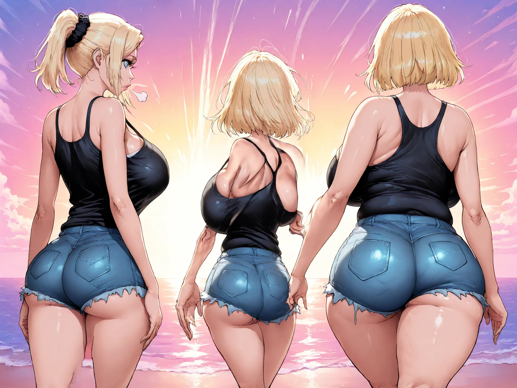 Best quality, duo mature woman, giant breasts, giant ass, very curvy, tanned skin, dyed curly blonde hair, salmon pink eyes, full lips, seductive, smiling, wet tank top, booty shorts, hibiscus flower, bimbos, thick thighs, curvy physique, twins