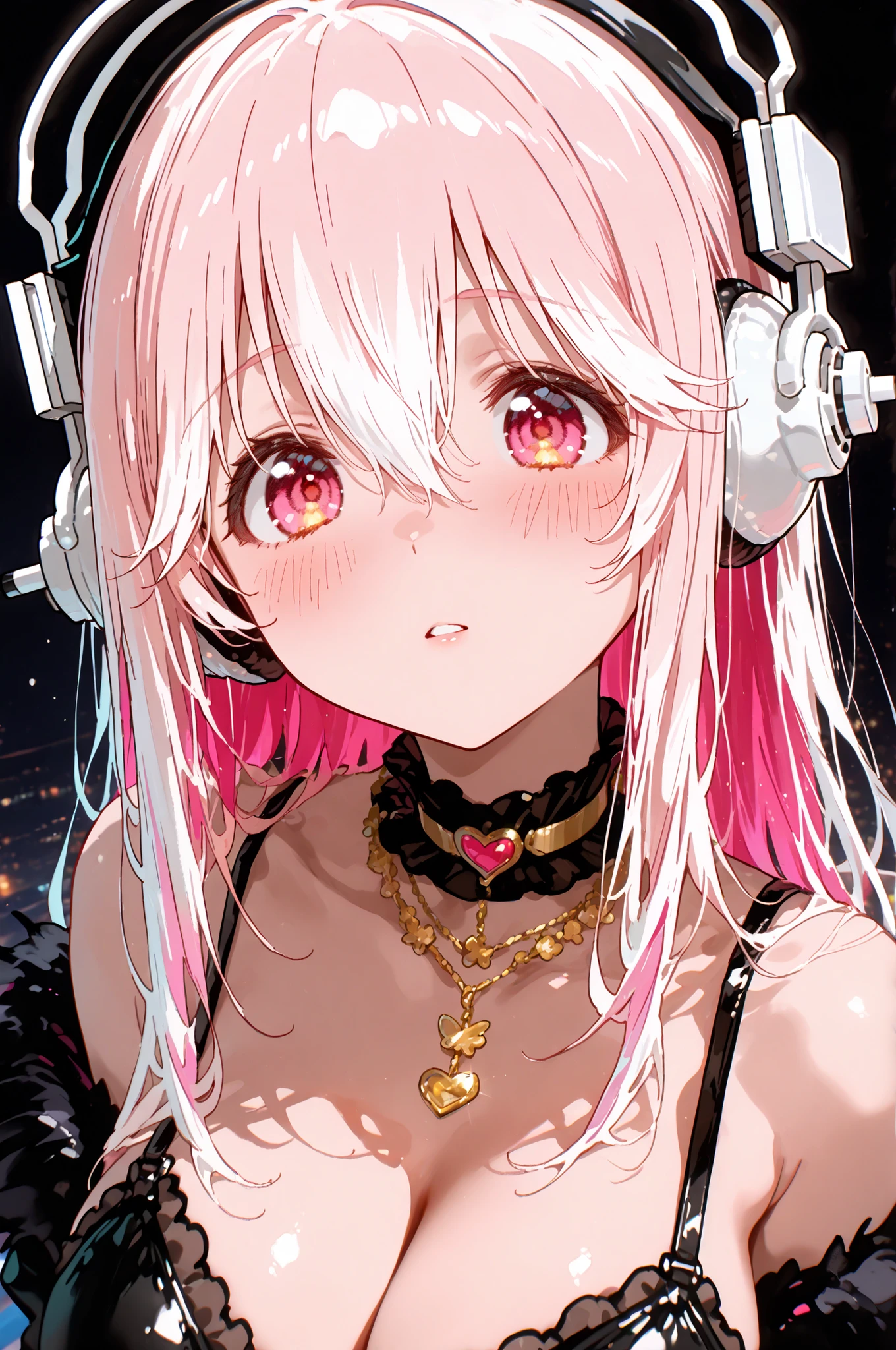 Super Sonico , long hair, pink hair, hair between eyes, jewelry, very long hair, gradation hair, pink hair, white hair, choker, Pure Bitch, Captivating Body, ギャル:1.4, 単色背景, ワイシャツ, リボンタイ, ミニスカート, フォトジェニック, 超高解像度, (最高品質:1.2, CGイラスト, 傑作:1.2, 最高の美学),