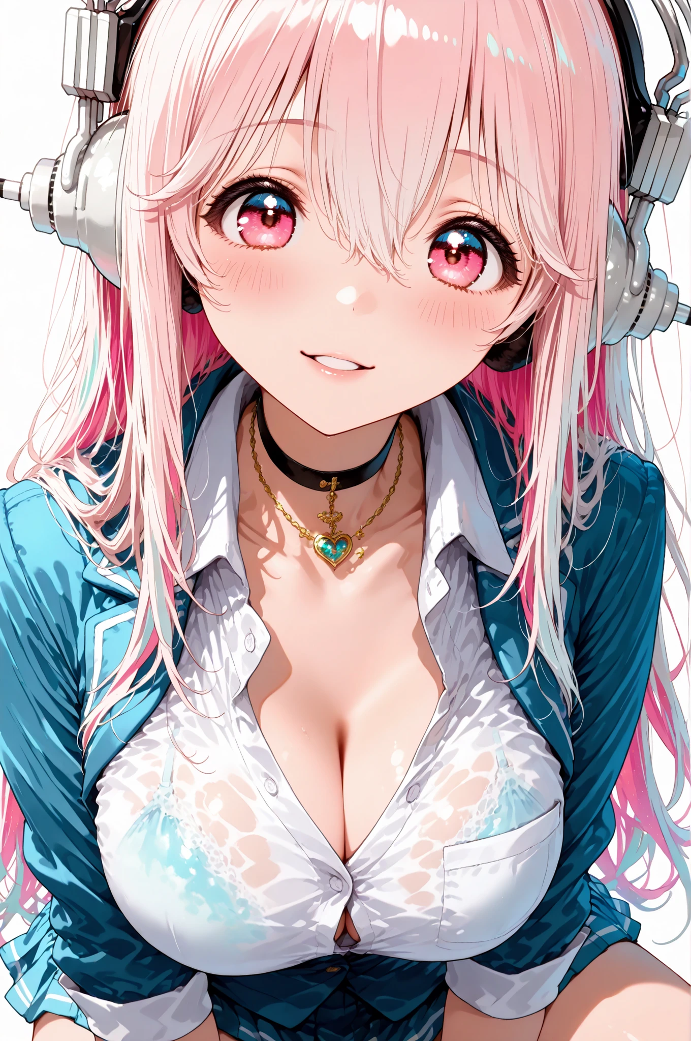 Super Sonico , long hair, pink hair, hair between eyes, jewelry, very long hair, gradation hair, pink hair, white hair, choker, Pure Bitch, Captivating Body, ギャル:1.4, 単色背景, ワイシャツ, リボンタイ, ミニスカート, フォトジェニック, 超高解像度, (最高品質:1.2, CGイラスト, 傑作:1.2, 最高の美学),