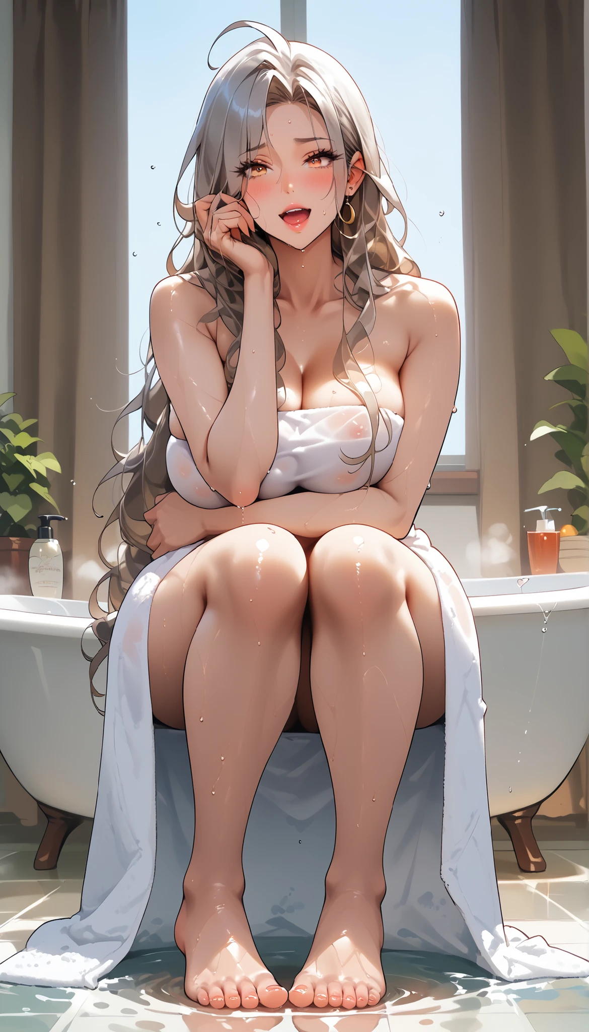 In front of the bathtub에 서 있음, Full body shot, reaching out and trying to cuddle, In front of the bathtub에 서서 욕조에 발을 올리는, feetfocusILL, feet, soles, toes, mature female, milf, motherly, foot locking, score_9, score_8_consolation, score_7_consolation, score_6_consolation, score_5_consolation, score_4_consolation, Source _animation, Tag 1, Tag 2, Quality_masterpiece, Anatomically Accurate, girl in the pool, beautiful face, perfect face wearing, 매우 디테일한 beautiful face과 눈, attractive face, detailed face inside a boarding school, Delicate facial features, very , EXTRA BIG ROUND BODY, Deep Bust, round and pretty , fair white skin, shiny white skin, wrinkle-free and soft skin, sensual woman, mature woman, Milf, slim body,  glamour, rolled her eyeballs like her mother, wet skin, 젖은 머리카락, covered with a wet towel,  bath towel, puzzled, shy, Super High Quality, Open your mouth, warm, sweating, sweat, sweat을 흘렸다, STEAM BREAK rating _, , very long hair, silver hair, gold eye, white bath towel, , full body wet, wrapped around the body with a towel, The towel was also wet,  bathrooms, In front of the bathtub, Shy beauty,  excited expression