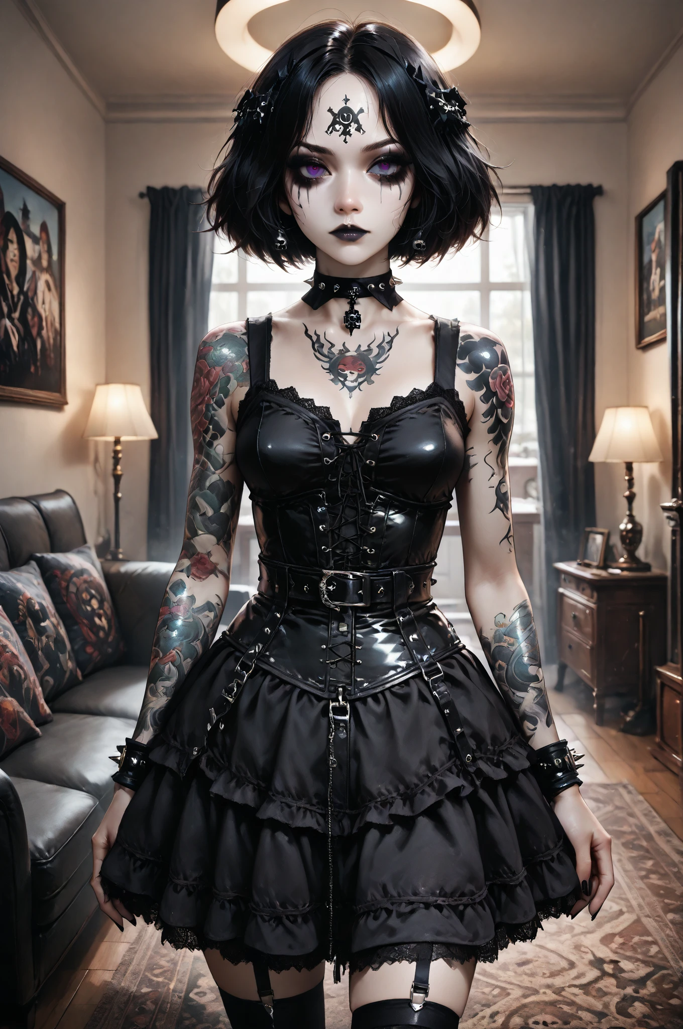 Masterpiece, absurdres,award winning photo, extremely detailed, amazing, fine detail, extremely detailed eyes and face, by lee jeffries nikon d850 film stock photograph 4 kodak portra 400 camera f1.6 lens rich colors hyper realistic lifelike texture dramatic lighting unrealengine trending on artstation cinestill 800 tungsten, 
 <lora:HP_Balenciaga:0.8>,  BalenciagaStyle, 

GothGal, (fishnet stockings, gothic print, imprinted skulls:1.25), a woman in a black and white outfit is standing in a bedroom,woman wearing a GothGal outfit, large boots,lace, ribbon, lipstick, pale skin, posing in a bedroom, Masterpiece, 4K, HD, Woman wearing a black leather garterbelt and (multiple leather straps,multiple iron chains attached to rings:1.125), <lora:GothGarterbelt:0.75>

, character generated and dressed in BalenciagaStyle