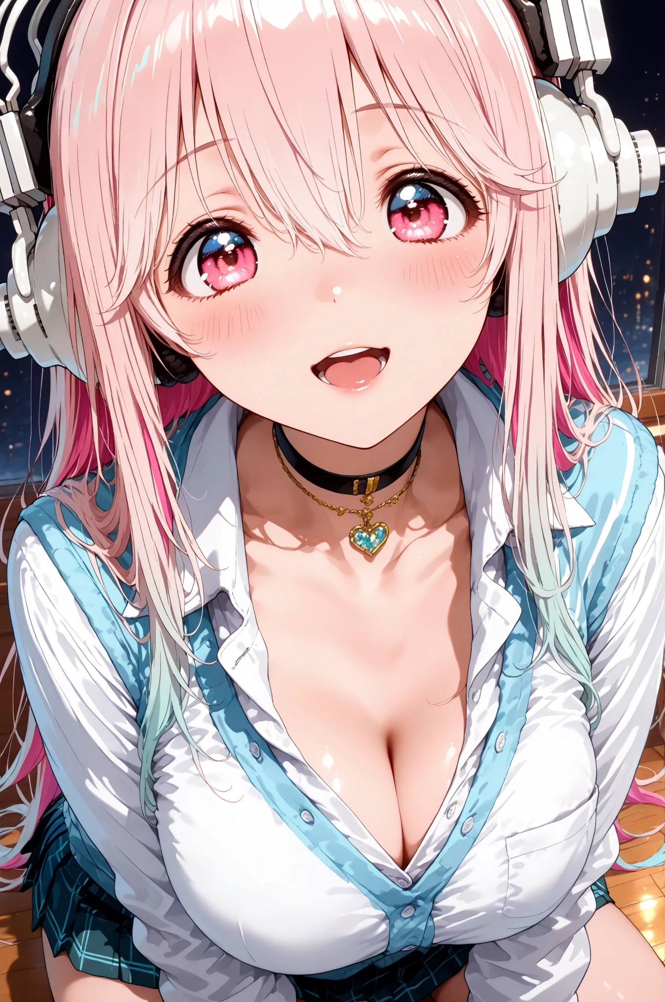 Super Sonico , long hair, pink hair, hair between eyes, jewelry, very long hair, gradation hair, pink hair, white hair, choker, Pure Bitch, Captivating Body, ギャル:1.4, 単色背景, ワイシャツ, リボンタイ, ミニスカート, フォトジェニック, 超高解像度, (最高品質:1.2, CGイラスト, 傑作:1.2, 最高の美学),
