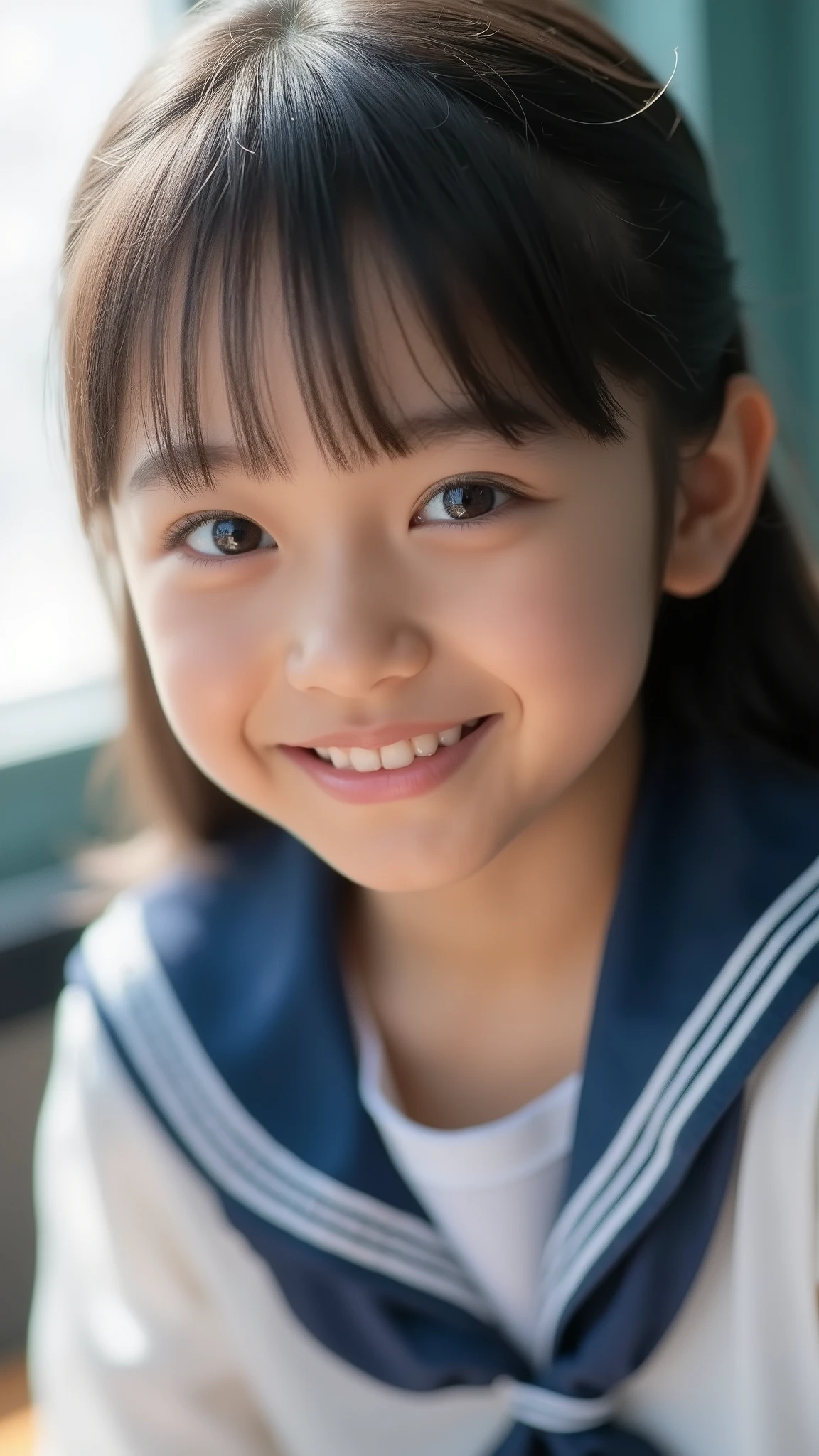 ((((Sorrisos Explosivos))))、obra-prima, maior qualidade, 8k, arte oficial, foto da vida, 信じられないほどhigh resolution, linda garota, rosto bonito, (Seated, upper body, sailor costume close to the eye, sailor costume close to the eye,:1.2), uniforme escolar, camisa, Visualizadores, close-up, cute teenager's face, sala de aula, gravata borboleta, pleated navy skirt, surrealista, high resolution, Picture, film grain,  Color difference, Foco claro, Luz facial, dynamic lighting, cinematographic lighting,  Maximum details , extremely detailed, Super Detalhado, detalhe fino,  highly detailed eyes and faces