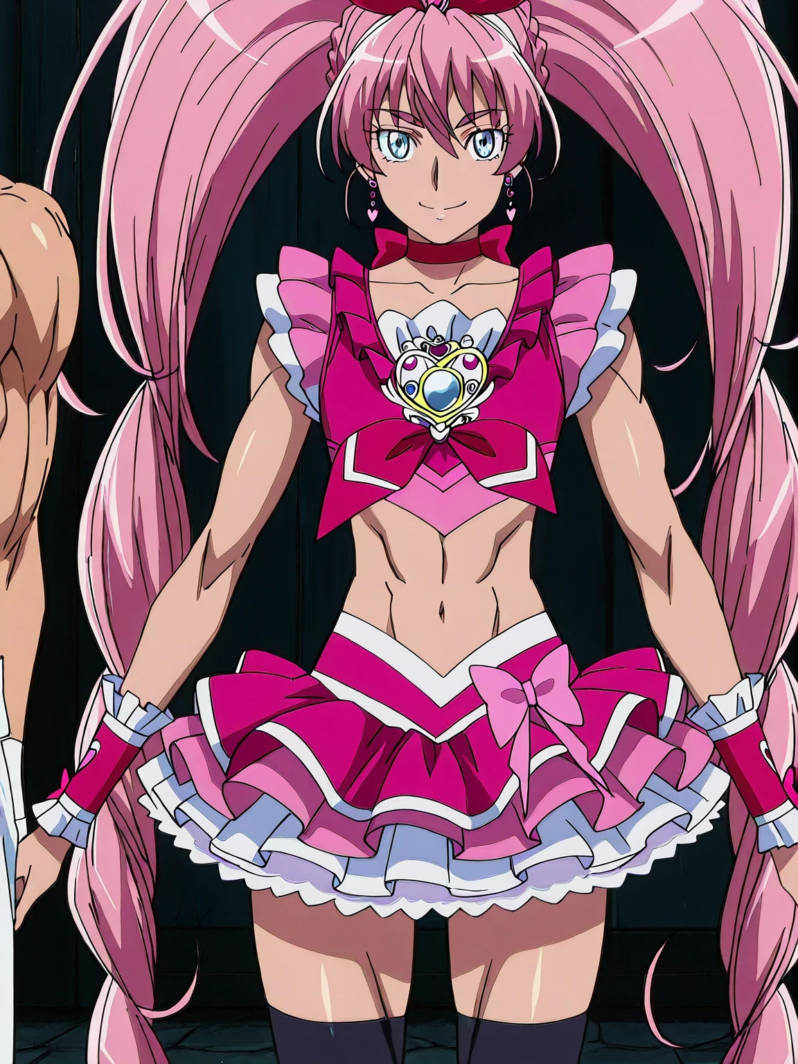 score 9 、score 8 up、score 7 up、source anime、傑作、best quality、best resolution、best image quality、Very detailed face、Very detailed eyes、anime coloring、anime screencap、anime screenshot、official style、1boy、(male:1.5)、cure melody is a boy warrior、man is wearing a crop top dress、pink hair、high twintail hair、very long hair、blue eyes、Eyebrows visible through hair、bangs、睫毛、shiny hair、head bow、heart earrings、hair ornament、solo、zodiac boy knight、sparking magical boy、royal elegant pose、anime man is wearing a pink and red crop top dress、anime man is wearing a Belly button outfit、wrist cuffs、jewelry、red neckwear、red choker、heart brooch、black legwear、black thigh high socks、red footwear、red high heels、pink and red dress、pink and red crop top、frilled dress、frilled crop top、frilled collar、frilled sleeves、strong muscles、pink and red mini skirt、frilled skirt、layered skirt、white mini skirt underneath pink and red mini skirt、red skirt bow、muscular and strong、lewd anime style、perfect outfit、美しい魅力的なアニメの10代、beefcake standing、A magical aura around him、toned body、男性的で筋肉質、(manly:1.5)、 anime male、 slender body、portrait of a zodiac boy knight、male focus、looking at viewer、looking at viewer、solo focus、cowboy shot、bare thighs、brave beautiful、brave sexy、bare shoulders、bare arms、collarbone、navel、abs、midriff、covered pectoralis major、flat chest、stomach、covered trapezius、biceps、biceps long head、biceps short head、triceps、triceps medial head、triceps lateral head、triceps long head、brachioradialis、deltoids、anterior deltoids、middle deltoids、posterior deltoid、thigh muscles、semitendinosus muscles、covered hamstrings、covered adductor magnus muscles、brave smile、sexy smile、muscular man、very detailed outfit、(male body:1.5)、cure melody outfit、beefcake style、separate outfit、battle outfit、 (male face:1.5)、pink background、official art、