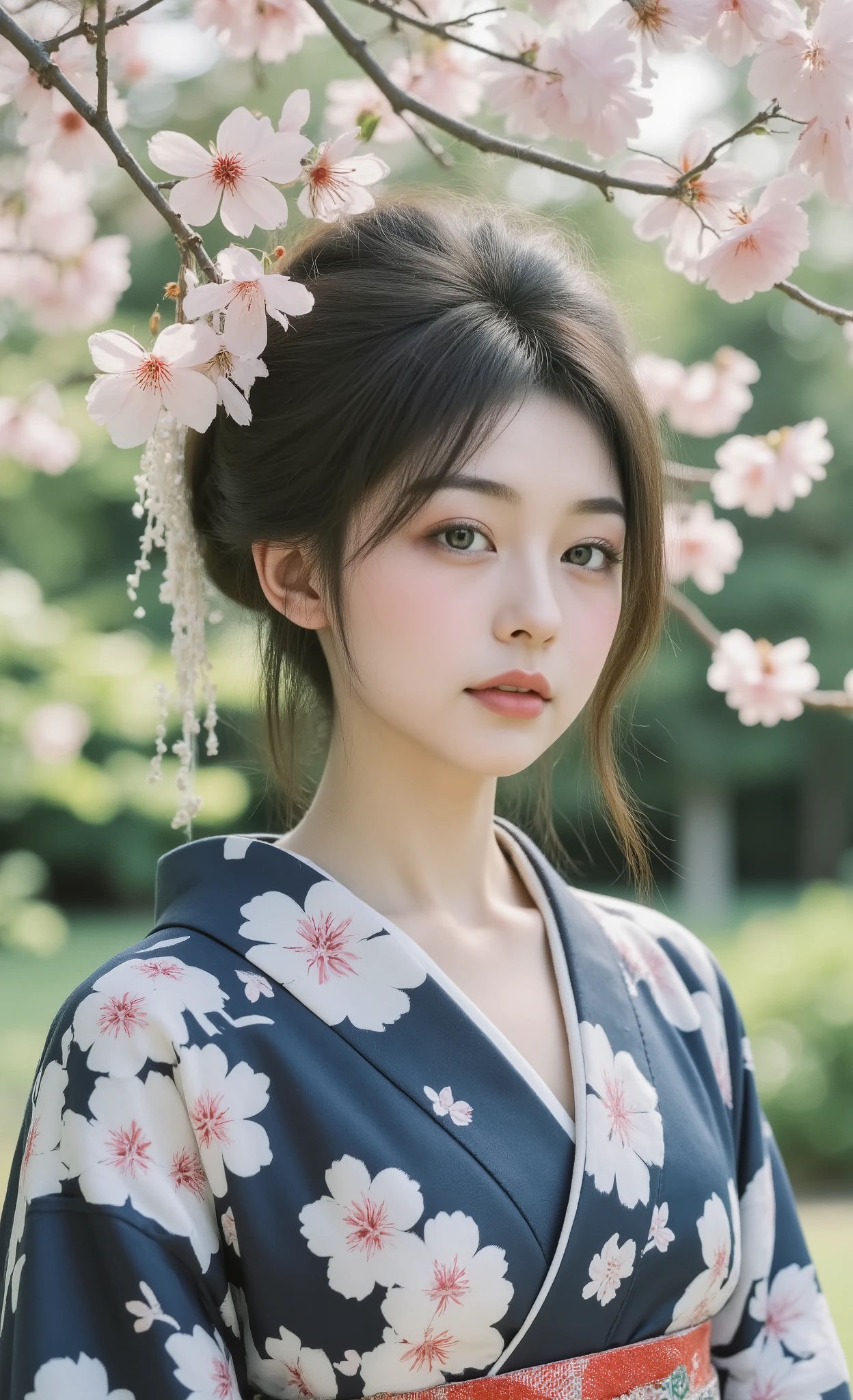 alta qualidade, ultra-detalhado, foto bruta, young Asian woman, Yukata Tradicional, cherry blossom pattern, navy kimono, white floral design, pose elegante, geisha inspired makeup, beleza natural, soft lighting, professional portrait, detailed fabric texture, realistic skin details, hora dourada, Japanese garden background, Fotografia em filme, Kodak portra 400, perfect composition, high resolution, intricate details