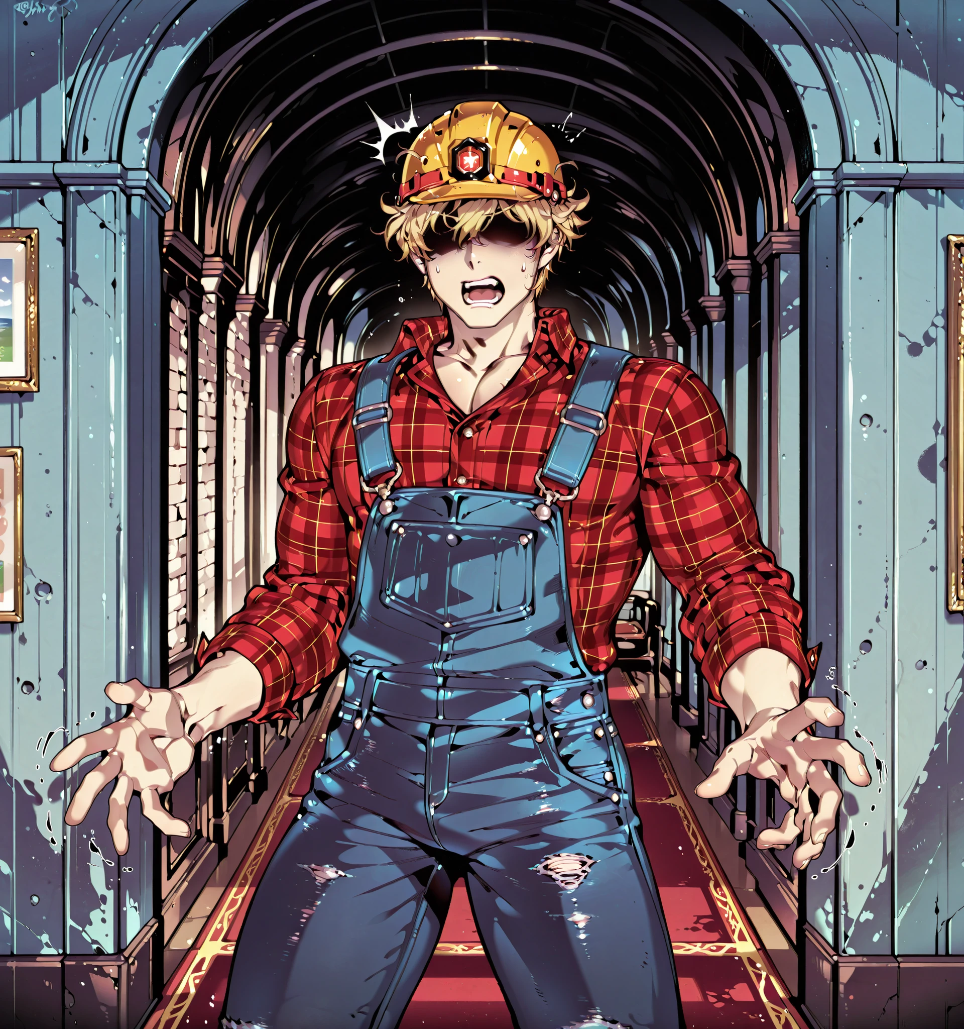Source_anime, fishine style, 1boy, solo, adult man BREAK 

Messy hair, handsome, blond hair, (yellow hair), messy hair, short hair, hair covered eyes BREAK 

Plaid shirt, red shirt, long sleeves, collared shirt, denim overalls, blue overalls, hard hat BREAK  

Front view, surprised, !!!, open mouth, standing  

Indoors, hallway, ruined castle, crumbling walls, (blue interior)