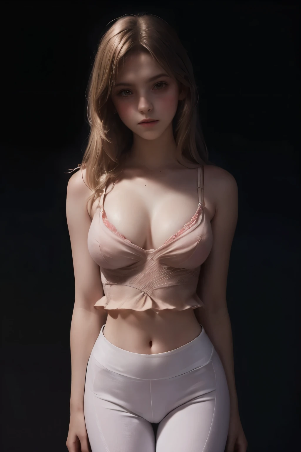 (frilly sweater), (frilly clothing), (((slim, petit))), (((32 F breast size))), (Tifa Lockheart), ((nsfw)), ((pretty)), ((crop top)), (pale coloured cotton leggings), (portrait), (dark background)