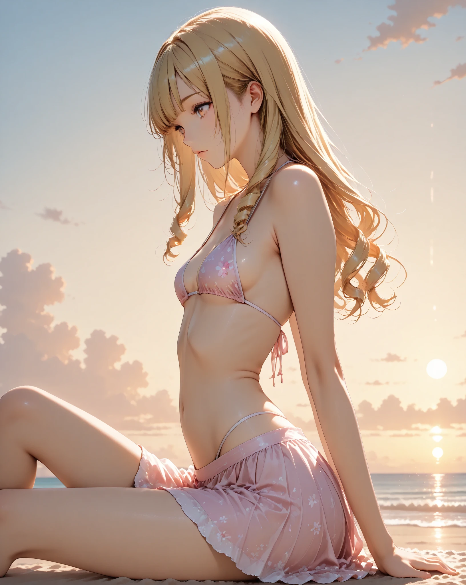 (Personagem de anime Asuna:1.2) menina magra, A requintada forma feminina de uma adolescente, enjoying a sunny day at the beach in your elegant swimsuit, aquecendo-se na areia quente, sentindo a suave brisa do oceano. menina anime bonito jovem, Corpo realista