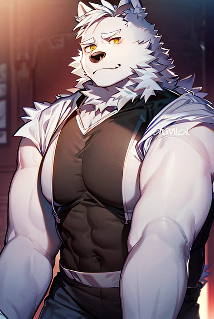 a muscular anthro, male, Freddy, Dislyte, standing alone at night, looking directly at the viewer, his hairy body and furry tail, muscles, six-pack abs, and biceps, with delicate fur, a prideful and majestic expression on his face, his green eyes with black pupils piercing sharply, with an erectile , full , (big) ,