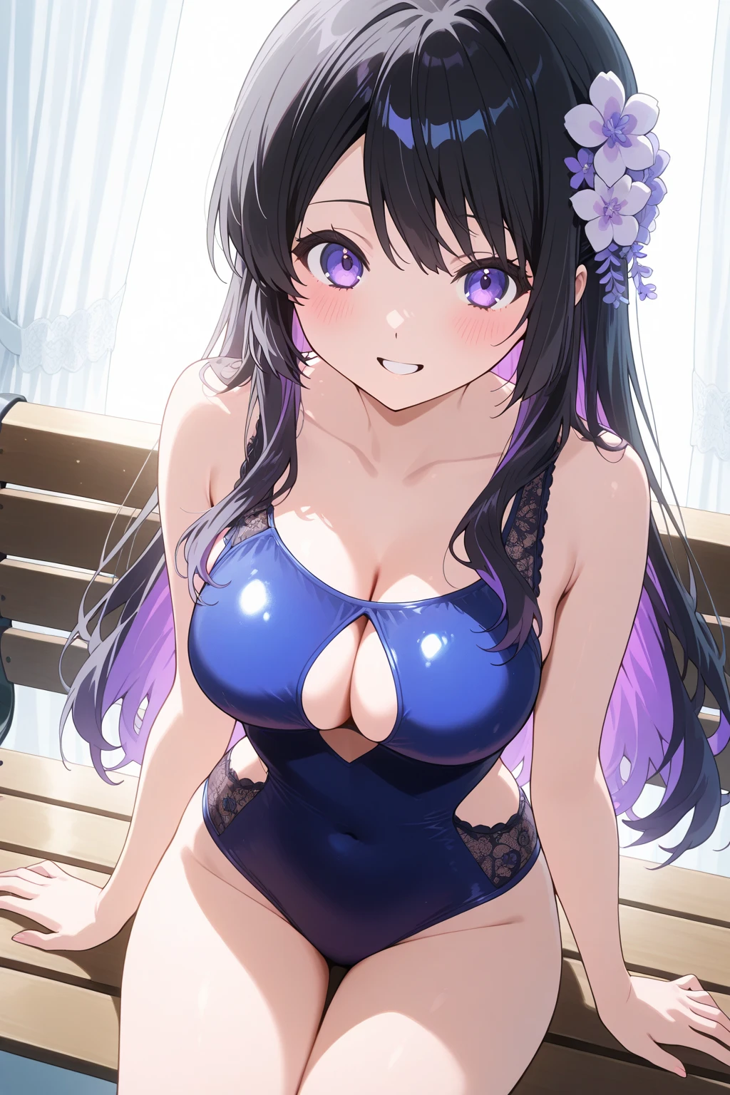 (masterpiece), (1girl), (tsumugiswim), (purple black hair), (Twin tails), (Purple eyes), (smile), (:o), (frills), (underwater), (thigh), (??????), (large ??????), (wrist scrunchie), (heart), (reaching out)