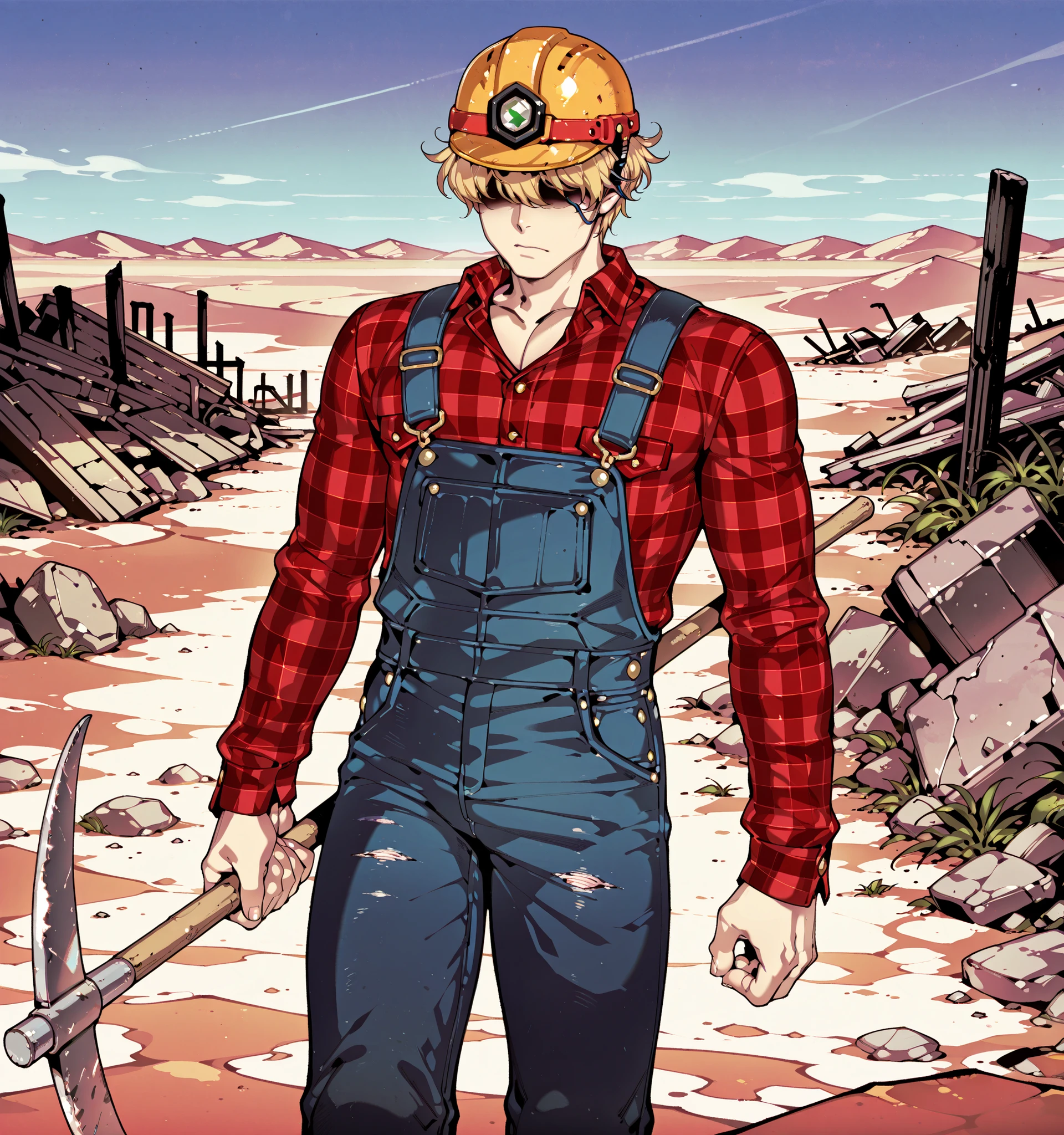 Source_anime, fishine style, 1boy, solo, adult man BREAK 

Messy hair, handsome, blond hair, (yellow hair), messy hair, short hair, hair covered eyes BREAK 

Plaid shirt, red shirt, long sleeves, collared shirt, denim overalls, blue overalls, hard hat BREAK  

Front view, bored, holding pickaxe, closed mouth, walking

Ruins island, outdoors, Desert, sands, sandy landscape, stone pillars, rocks