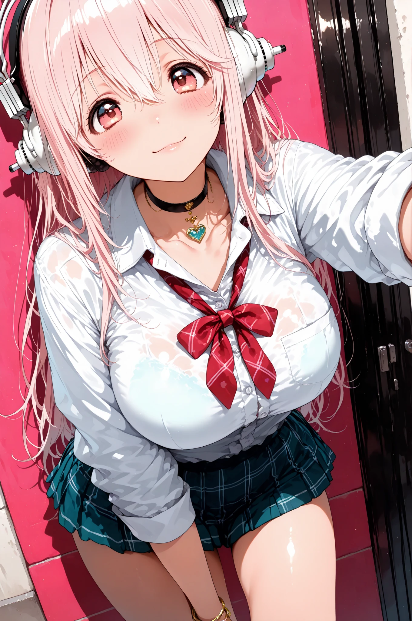 Beautiful girl, low angle, cowboy shot, shirt, ribbon tie, mini skirt, Standing and leaning against a wall, Smile, Blush, photogenic, Ultra High Definition, (Highest Quality:1.2, CG illustration, masterpiece:1.2, best aesthetics),
Super Sonico , long hair, pink hair, hair between eyes, jewelry, very long hair, gradation hair, pink hair, white hair, choker, Pure Bitch, Captivating Body,