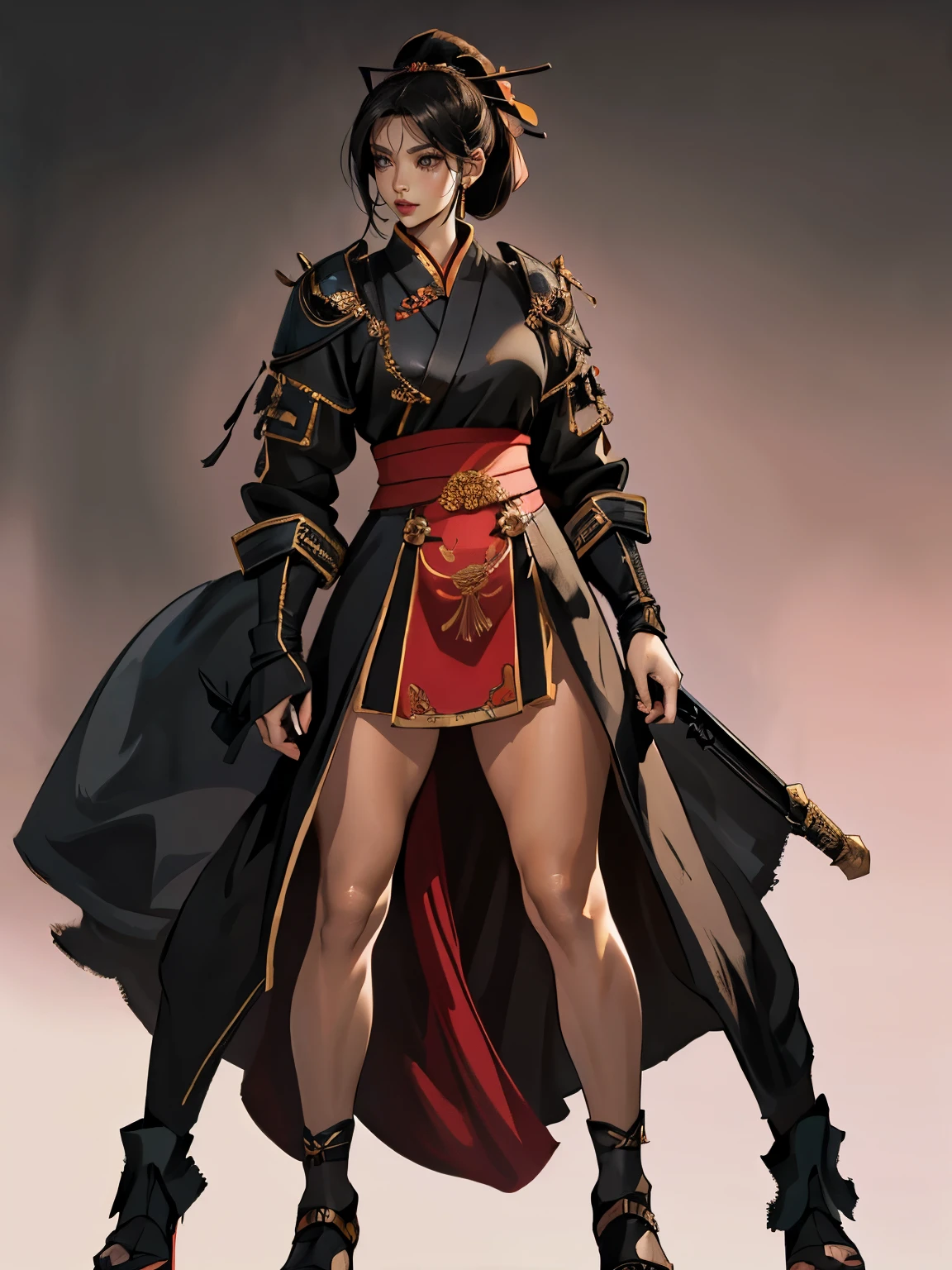 attractive woman, a woman from the Three Kingdoms period, dark hair, Big breasts, An exposed woman, Solo, creates an image from the top of her head to her thighs, (woman holding a weapon), Three Kingdoms costume , ((no background)), ((black eyes)), (((Harmonious hands))), (((full body))), (((Solo)))