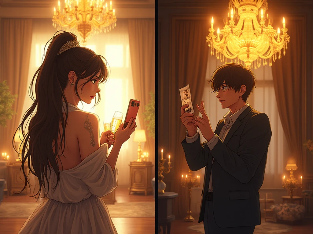 Split-scene anime-style composition with warm golden tones. Left side: a glamorous young woman in stylish travel clothes takes a selfie with her friends in a luxurious European hotel lobby, champagne glasses sparkling under golden chandeliers. Right side: her ex-fiancé stands in a lavish indoor study, tearing the wedding photo under golden light from a chandelier, expression cold and resolute. The atmosphere contrasts freedom vs heartbreak, in detailed anime art with cinematic lighting and elegant interior design.