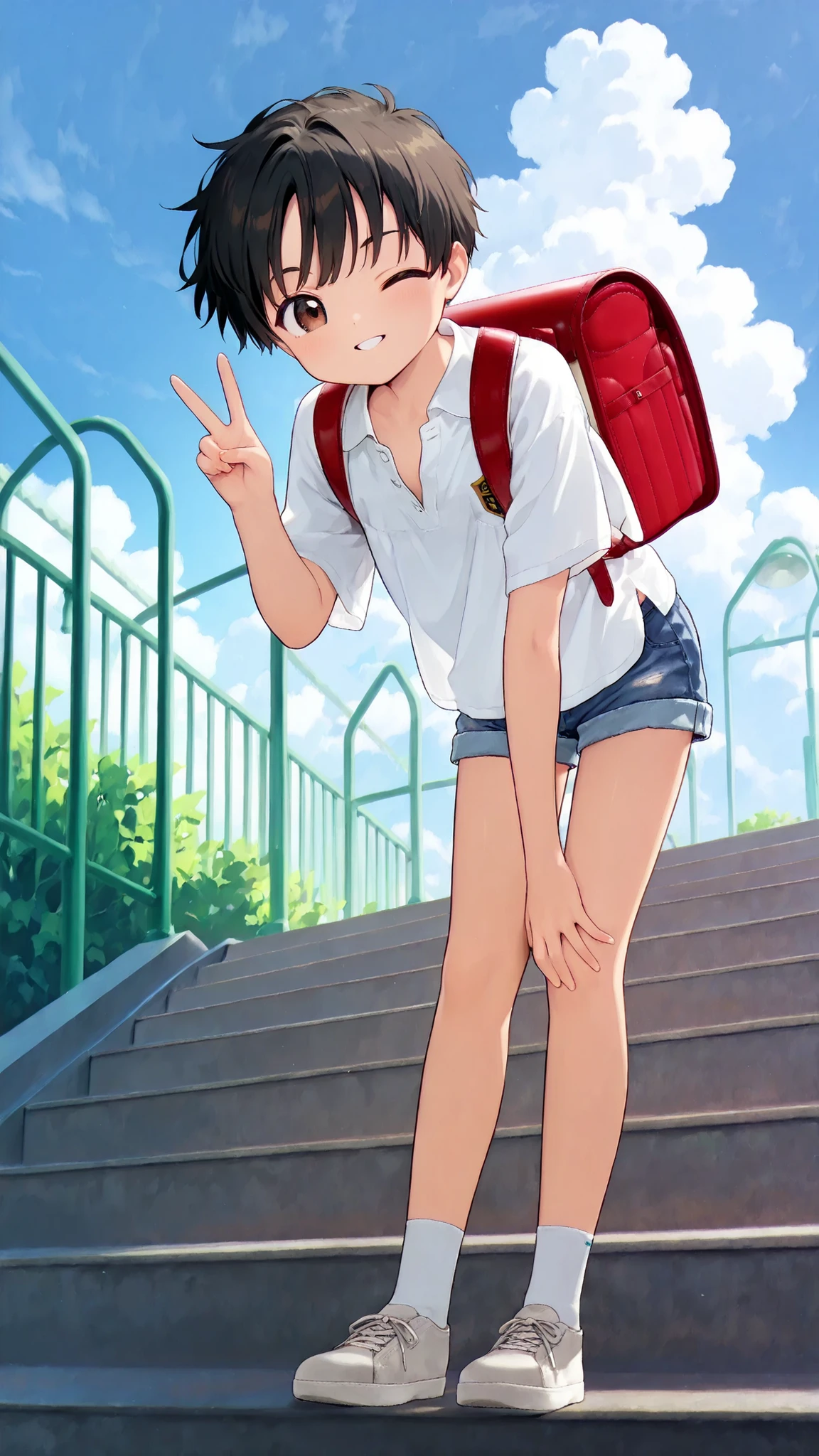 (Masterpiece: 1.3), (High resolution, Highly detailed), (Author: Fujiyama), 1 Boy, Solo, (Young boy), ((Elementary school student)), ((Randoseru)), Short shiny black hair, Hair blowing in the wind, (Large detailed brown eyes, Wink), Parted mouth, Smile, (Unbuttoned loose short-sleeved shirt), (Short tight faded denim shorts), Socks, Sneakers, Clouds, Blue sky, Very, Very beautiful, (Cinematic lighting), Full color, (Perfect lighting), (Looking at viewer), ((Leans forward with one hand on knee)), Face in focus, (Front view, Low angle, Full body shot), (v), Perfect anatomy, Detailed and beautiful background, Perfect light and shadow, Background is on the steps of the school playground with a view of the blue sky,